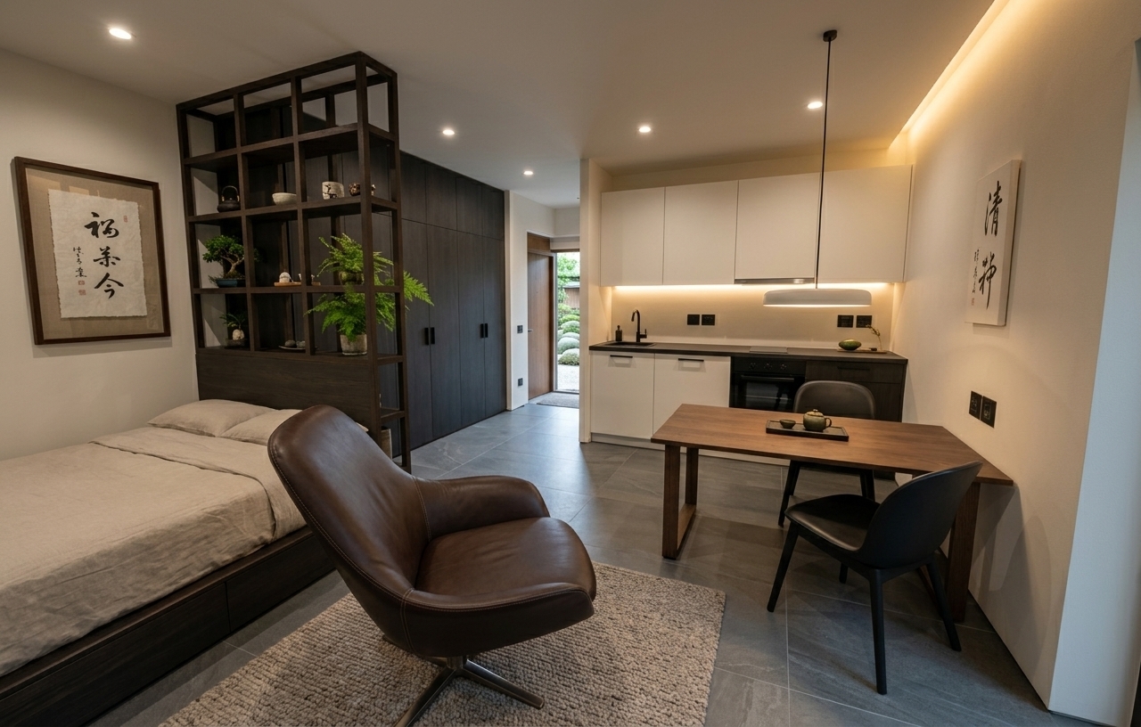 An incredibly lifelike, richly detailed, photorealistic wide-angle interior shot of a Japanese Zen-inspired modern studio apartment set in a peaceful urban sanctuary. The scene is illuminated by soft, diffused recessed spotlights and subtle warm cove lighting nestled beneath sleek matte cabinetry and along the ceiling perimeter, creating a tranquil, balanced, and serene wabi-sabi atmosphere. Captured with a full-frame architectural camera and a 24mm tilt-shift lens, emphasizing rich natural wood grains, smooth matte black finishes, and the tactile contrast between crisp neutral walls and earthy tones.

The uncluttered, harmonious layout features a low-profile platform bed bordered by a dark-stained geometric lattice divider that elegantly displays a fine-art photography book, subtle Japanese ceramics, and a touch of lush indoor greenery. A modern deep-brown lounge chair rests gently upon a plush woven area rug, facing an open dining nook where a simple wooden table and matte black chairs sit beneath a minimalist pendant light. Minimalist Japanese calligraphy wall art adorns the pristine walls, while seamless dual-tone cabinetry and smooth slate-grey flooring ground the space in quiet, sophisticated simplicity.