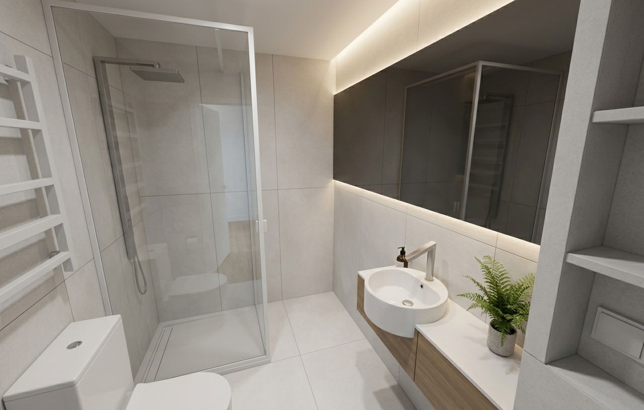 An incredibly lifelike, richly detailed, photorealistic wide-angle interior shot of a serene Scandinavian sanctuary bathroom set in a tranquil modern home. The scene is illuminated by soft, concealed warm cove lighting and subtle ambient daylight, creating a clean, bright, and deeply relaxing hygge atmosphere. Captured with a professional full-frame camera and a 24mm wide-angle tilt-shift lens, emphasizing the tactile textures of matte porcelain floor tiles, crisp white ceramic fixtures, and refined metal accents. On the right, a minimalist floating vanity hosts a sleek cylindrical vessel sink beneath an expansive, dark panoramic mirror with soft edge-glow lighting. Across the room, a walk-in shower featuring an ultra-clear glass partition with clean white framing and an elegant square rain showerhead completes the streamlined layout, balanced by a heated ladder towel rack and delicate touches of natural greenery for a serene, organic finish.