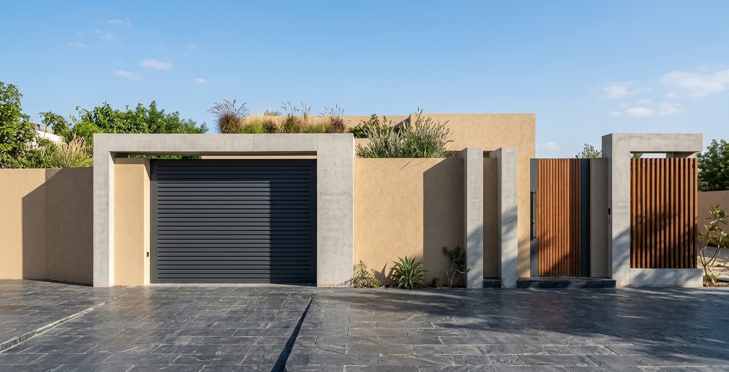 An incredibly lifelike, richly detailed, photorealistic front-elevation architectural shot of a contemporary villa entrance and boundary wall set in a serene, upscale spring setting. The scene is illuminated by radiant midday sunlight that casts crisp, defined geometric shadows across the facade, creating an elegant, luminous, and minimalist haven atmosphere. Captured with a professional 35mm tilt-shift lens, emphasizing the rich interplay of tactile textures—from the warm, sand-toned stucco wall and smooth poured-concrete portal frames to the rich, organic vertical timber slats and the sleek, matte-charcoal horizontal slats of the automated garage gate and pedestrian entrance. The scene is grounded by a textured dark slate flagstone paved patio and driveway, delicately accented with modern, low-maintenance landscaping, including ornamental grasses and lush green foliage peeking softly over the top perimeter wall.