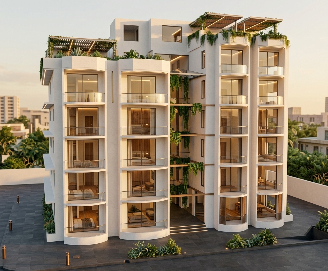 An incredibly lifelike, richly detailed, photorealistic three-quarter architectural perspective shot of a modern fusion boutique hotel set in a bright urban oasis. The scene is illuminated by the soft, warm glow of late afternoon sunlight complemented by integrated linear LED accent lighting along the building's contours, creating an elegant, welcoming, and serene atmosphere. Captured with a professional 24mm tilt-shift architectural lens, emphasizing the crisp white stucco surfaces, smooth curved glass balustrades, cascading green foliage draping through the open central atrium, and warm natural wood finishes visible within the stylishly appointed guest suites against a refined dark slate paved forecourt.