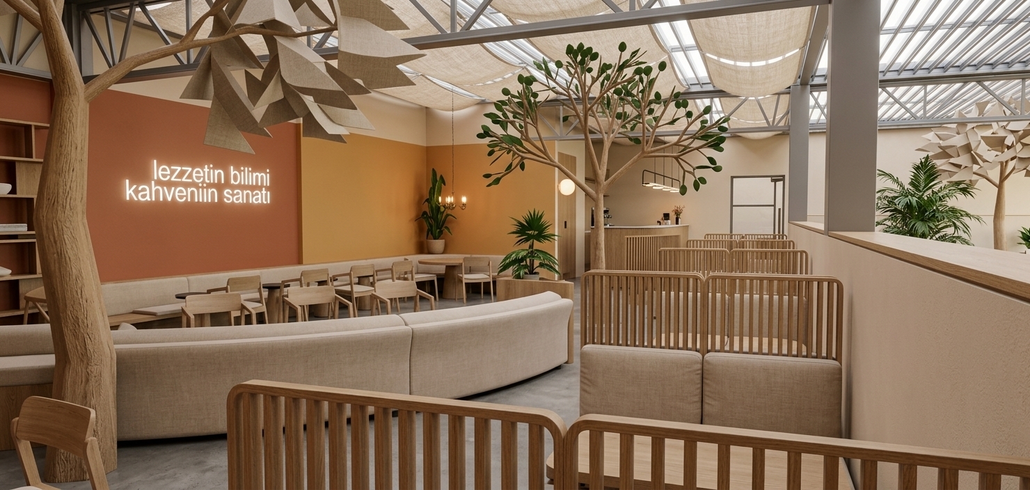 An incredibly lifelike, richly detailed, photorealistic interior wide-angle shot of a Scandinavian sanctuary-inspired coffee shop set within a bright, semi-open architectural pavilion with an automated retractable pergola roof system and soft woven canopy drapery. The scene is illuminated by gentle, natural morning daylight filtering through the open louvered ceiling alongside warm ambient downlights, creating a tranquil, airy, and inviting atmosphere. Captured with a professional 24mm architectural lens at eye level, emphasizing tactile light oak finishes, crisp vertical slatted timber booth dividers, and soft beige linen upholstery across the curved central lounge banquette. Sculptural indoor trees and potted ficus bring vibrant biophilic balance against warm terracotta and ochre accent walls accented by soft neon typography, while minimalist Nordic dining tables and chairs recede seamlessly into a clean, thoughtfully zoned cafe layout.