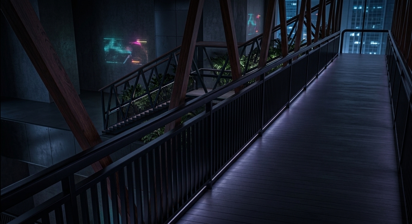 An incredibly lifelike, richly detailed, photorealistic perspective shot of a sleek, industrial skybridge corridor set in a futuristic urban residence at night. The scene is illuminated by moody neon noir accents, deep cybernetic glows, and the subtle flicker of holographic wall art, creating a dark, high-tech, and atmospheric ambiance. Captured with a 24mm wide-angle lens, emphasizing the rich, deep-toned grain of the massive architectural timber trusses, powder-coated minimalist steel railings, and dark matte decking with subtle reflective sheens. Sleek metal-and-glass details, sharp geometric lines, and strategically integrated ambient LED strip lighting along the balustrades evoke a sophisticated cyberpunk aesthetic, complemented by lush, shadowed indoor foliage tucked along the high-tech structural framework.