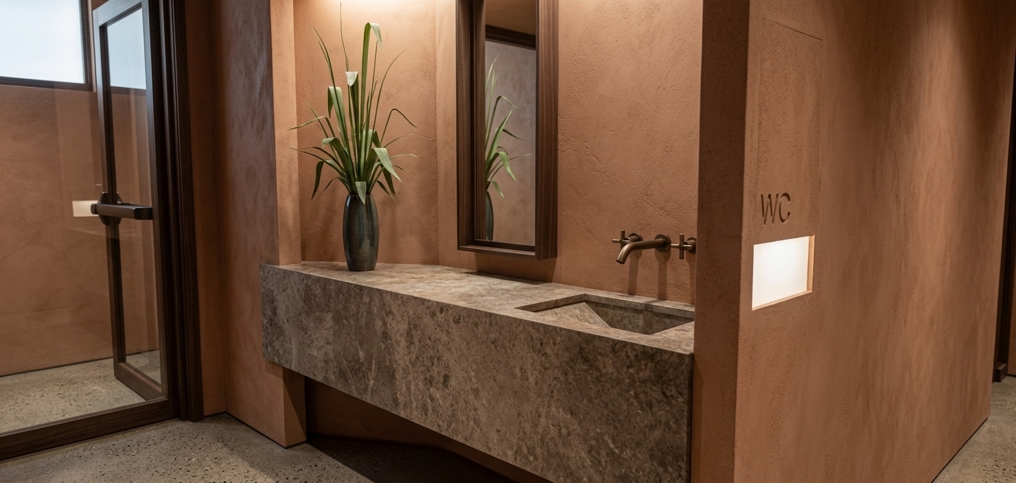 An incredibly lifelike, richly detailed, photorealistic eye-level medium shot of a Japanese Zen-inspired powder room vestibule set in a minimalist luxury sanctuary. The scene is illuminated by soft, diffused warm ambient lighting and gentle overhead downlights, creating a tranquil, harmonious, and meditative wabi-sabi atmosphere. Captured with a full-frame camera and a 35mm prime lens, emphasizing the rich tactile plaster walls in earthy terracotta tones, the mottled natural stone texture of the floating vanity, and the seamless integrated rectangular basin. A slender, dark-wood framed vertical mirror complements the minimalist wall-mounted metal fixtures, while a sleek ceramic vase holding a sculptural tall green plant introduces an organic, serene accent to the uncluttered, balanced composition.