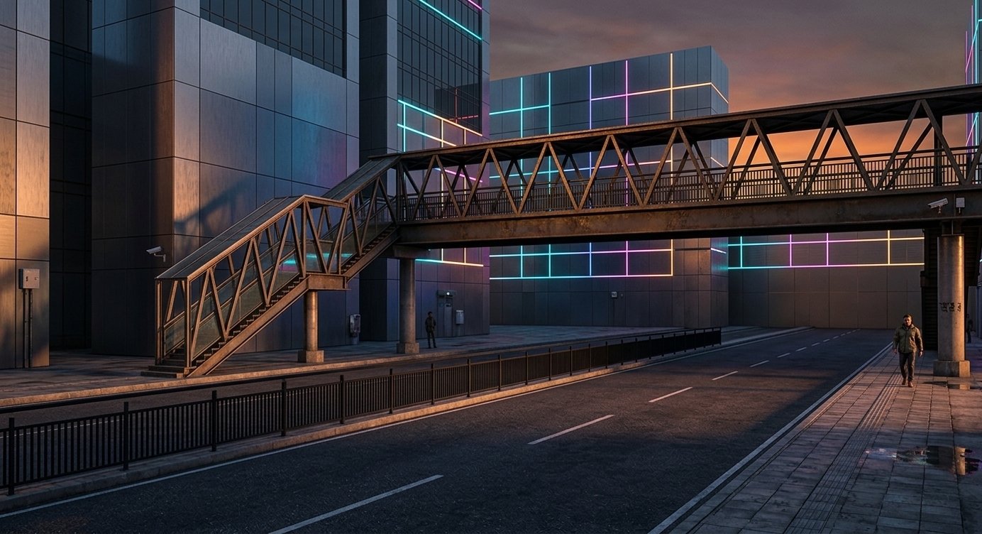 An incredibly lifelike, richly detailed, photorealistic wide-angle architectural shot of an industrial pedestrian overpass spanning a multi-lane roadway set in a sleek, high-tech urban environment. The scene is illuminated by the dramatic, low-angled glow of a gritty sunset layered with vibrant neon noir ambient lighting, creating an intense, moody cyberpunk atmosphere. Captured with a 24mm architectural wide-angle lens, emphasizing the fine textures of the freshly paved asphalt, oxidized bronze steel trusses, matte-black safety railings, and raw concrete support pillars. Long, sharp geometric shadows stretch beneath the covered elevated walkway, while glossy metallic finishes and modern glass panels reflect subtle neon highlights along the paved sidewalk, conveying a refined yet gritty futuristic infrastructure.