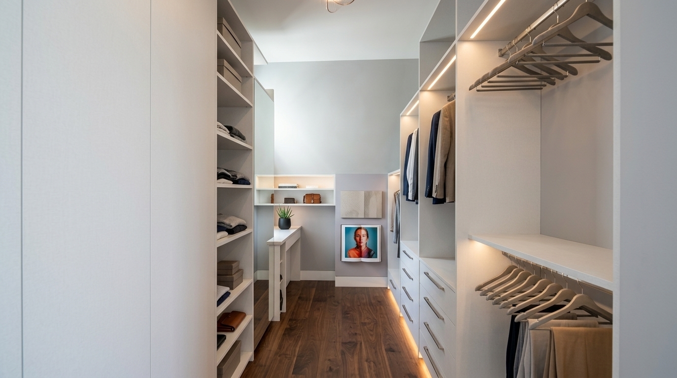 An incredibly lifelike, richly detailed, photorealistic eye-level interior photograph of a custom walk-in closet set in an elegant contemporary luxury residence during a bright summer midday. The scene is illuminated by abundant, diffused natural sunlight mingling with concealed warm linear LED cove lighting integrated seamlessly beneath the shelving, creating a serene, zen-inspired, and uncluttered atmosphere. Captured with a high-end full-frame camera and a 24mm architectural wide-angle lens, emphasizing the rich, deep grain of the polished dark walnut hardwood floors, seamless matte-white cabinetry surfaces, and sleek brushed-nickel hardware. To the left, towering floor-to-ceiling open shelving provides streamlined, functional organization, while the right side features precision-crafted flat-panel drawers and open wardrobe modules bathed in soft ambient glow. At the far end of the corridor, a compact built-in vanity table finished with a pale quartz top holds a minimalist indoor succulent and an open art photography book, perfectly balanced by subtle neutral-toned abstract wall art on the soft gray and muted pastel accent wall, epitomizing modern elegance and tranquil minimalism.