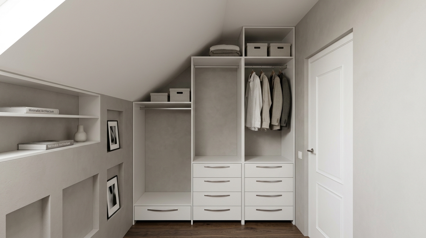 An incredibly lifelike, richly detailed, photorealistic wide-angle interior shot of a bespoke attic walk-in closet set in a tranquil, contemporary luxury residence. The scene is illuminated by the bright, clean glow of midday summer light spilling seamlessly across the room, creating a serene, Zen-inspired, and airy atmosphere. Captured with a full-frame camera and a 24mm tilt-shift lens, emphasizing the tactile matte texture of warm gray plaster walls, the subtle luster of satin-finish white cabinetry, and the deep, organic grain of dark hardwood flooring. Perfectly contoured beneath the sloping architectural ceiling, the stepped modular closet system showcases streamlined drawers with sleek metal pulls, open hanging sections, and high overhead cubbies, while the recessed shelving on the left wall thoughtfully displays a curated photography book and minimal decorative accents. To the right, a classic white paneled door with a refined metallic lever stands beside the cabinetry, completing a meticulously organized, functional, and clutter-free minimalist haven bathed in soothing monochromatic tones of white, soft stone, and subtle natural wood accents.