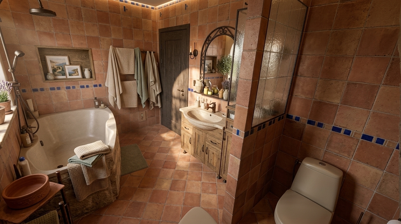 An incredibly lifelike, richly detailed, photorealistic wide-angle shot of a reimagined Mediterranean retreat bathroom set in a serene coastal villa. The scene is illuminated by warm, natural sunlight spilling through an arched window and gentle, hidden warm-toned sconces, creating a relaxed, sun-drenched, and earthy atmosphere. Captured with a full-frame camera and a 24mm tilt-shift lens, emphasizing the tactile qualities of aged terracotta floor tiles, textured limewash plaster walls, and hand-glazed ceramic accents in rich cobalt and warm neutrals. 

The original space is transformed with a deep, curved stone soaking tub nestled into an arched niche, accented by antique wrought-iron fixtures and plush, waffle-knit linen towels. A rustic reclaimed oak vanity topped with a hand-carved stone vessel sink replaces the utilitarian cabinetry, accompanied by a wrought-iron arched mirror that reflects lush indoor olive trees and potted lavender. Open wooden shelves showcase a curated photography book, artisan ceramic vases, and framed Mediterranean landscape wall art, bringing a balanced, casual elegance to this deeply inviting coastal sanctuary.