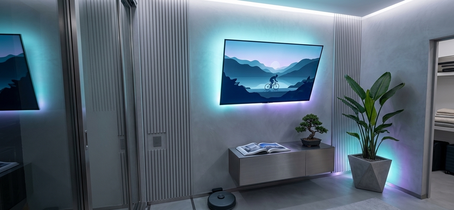 An incredibly lifelike, richly detailed, photorealistic wide-angle interior shot of a futuristic Digital Zen bedroom set in a modern urban sanctuary. The scene is illuminated by concealed cool-white cove lighting and soft, cyan-and-violet neon backlighting behind a flush-mounted smart display, creating a tranquil, high-tech atmosphere. Captured with a 24mm wide-angle architectural lens, emphasizing smooth matte micro-cement walls, brushed titanium accents, and pristine tempered glass surfaces. The once-cluttered wall is transformed into an uncluttered, streamlined focal point, featuring subtle acoustic slatted paneling and a dedicated digital landscape wall art screen cycling serene, ambient vistas. Below, an ultra-minimalist floating media console with hidden cable conduits cleanly conceals all wiring and integrates a flush dock for the robotic vacuum, displaying only an open architectural photography book and a sculptural Japanese bonsai. In place of the drying rack, a vibrant indoor bird-of-paradise plant in a geometric concrete planter catches gentle neon uplighting, achieving a perfect, harmonious balance between cyberpunk innovation and meditative serenity.