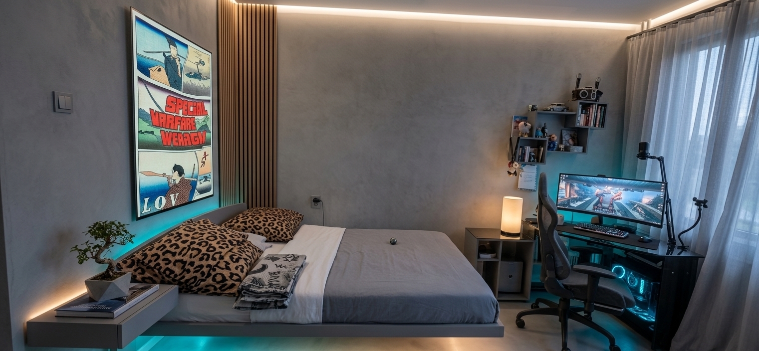 An incredibly lifelike, richly detailed, photorealistic wide-angle interior shot of a reimagined digital zen bedroom set in a modern high-tech urban apartment. The scene is illuminated by recessed cove LED strips, subtle cyan and soft amber neon underglow, and diffused twilight entering through floor-to-ceiling sheer smart curtains, creating a tranquil yet innovative atmosphere. Captured with a full-frame mirrorless camera paired with a 24mm f/2.8 lens, emphasizing the matte micro-cement wall finishes, brushed titanium accents, smoked glass surfaces, and pristine textile weaves. 

The original cluttered room is transformed into a streamlined, clutter-free sanctuary that fuses Japanese Zen minimalism with subtle cyberpunk elegance. The outdated bed is replaced by a low-profile, floating platform bed fitted with crisp cool-gray and pure white linen sheets and tailored pillows. Above the headboard, a large, ultra-slim OLED frame displays evolving digital landscape wall art, complemented by vertical acoustic wood slats with hidden linear backlights. Across the room, the battlestation is reimagined with a floating smoked-glass and black steel desk hosting an ultrawide frameless curved display, custom low-profile mechanical keyboard, and a sleek ergonomic mesh chair. Beside the bed, a cantilevered nightstand holds a glossy architectural photography book and a delicate bonsai in a geometric concrete planter, bringing balanced natural vitality to the high-tech, futuristic space.