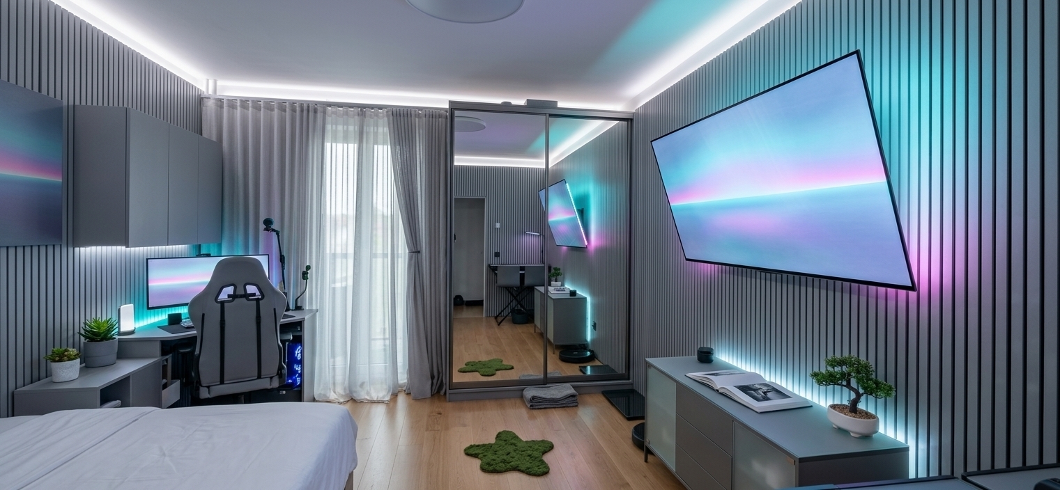 An incredibly lifelike, richly detailed, photorealistic wide-angle interior shot of a reimagined bedroom and smart workspace set in a high-tech modern urban apartment. The scene is illuminated by diffused, indirect LED cove lighting and ambient cool-white strips paired with soft neon cyan and magenta backlighting, creating a tranquil, futuristic digital zen atmosphere. Captured with a full-frame mirrorless camera and a sharp 24mm wide lens, emphasizing ultra-matte wall paneling, brushed metallic hardware, tinted glass reflections, and vibrant green botanical accents. 

The reimagined space transforms the room into a streamlined, clutter-free haven blending cyberpunk innovation with serene minimalism. The dated wallpaper is replaced by seamless cool-gray acoustic slat panels and a smart digital landscape canvas displaying a serene, shifting neon horizon. Along the right wall, a sleek, ultra-thin OLED screen sits flush above a floating credenza made of frosted glass and gunmetal aluminum, neatly styled with a single open photography book and a minimalist ceramic planter with a tranquil bonsai. The gaming setup on the left is elevated with a floating, cable-free desk, an ergonomic matte-gray chair, and concealed smart storage that replaces all open shelves. Crisp, floor-to-ceiling motorized sheer curtains frame the window, softening the room's precise geometry and completing this high-tech, balanced retreat.