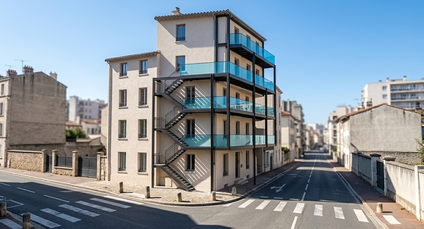 An incredibly lifelike, richly detailed, photorealistic eye-level architectural photo of a modernized multi-story European corner residence set in a bright, sun-drenched urban street corner. The scene is illuminated by direct, vibrant midday sunlight, casting crisp, defined geometric shadows across the pale stucco facade and asphalt below, creating a sophisticated and energetic contemporary atmosphere. Captured with a professional 24mm tilt-shift lens, emphasizing the sleek fusion of modern metalwork, crystalline glass reflections, and warm architectural masonry. Wrapping around the exterior corner in place of the outlined structure is an elegant dark metal framework supporting cantilevered outdoor patio terraces, finished with tinted light-blue glass balustrades that gleam in the sun. Along the side facade, refined exterior metal staircases with matching safety railings ascend diagonally between each floor level, transforming the corner building into a striking display of contemporary elegance and functional urban architecture.