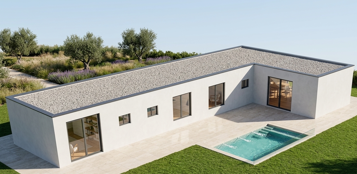 An incredibly lifelike, richly detailed, photorealistic exterior architectural shot of a single-story L-shaped minimalist haven set in a private, sunlit garden landscape. The scene is illuminated by brilliant midday sunlight that casts sharp, crisp geometric shadows across the facade, creating a clean, serene, and sophisticated atmosphere. Captured with a professional 35mm architectural lens at f/8, emphasizing the tactile contrast between the smooth white micro-cement exterior walls, ultra-slim anthracite aluminum window frames, and the warm interior hardwood flooring visible through large sliding glass doors. Nestled gracefully in the inner corner of the L-shape is an intimate, light-stone travertine patio featuring a chic, compact rectangular plunge pool with shimmering turquoise water, enveloped by a vibrant, impeccably manicured lawn. The flat roof is finished with sleek, dark metal edge copings and a clean light-grey river gravel ballasted top, perfectly framing the crisp horizontal profile of modern living.