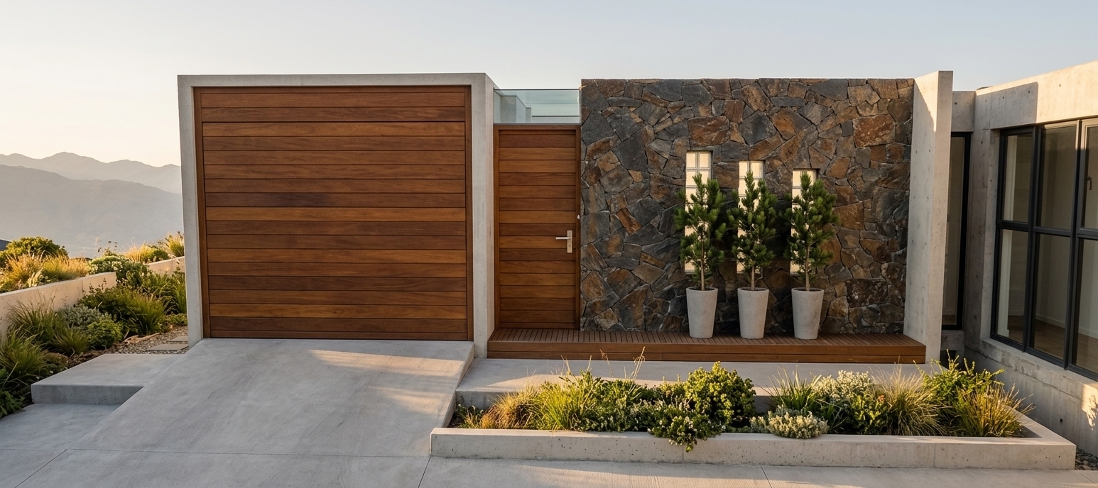 An incredibly lifelike, richly detailed, photorealistic eye-level exterior architectural shot of a contemporary house entrance set in a serene mountain escape. The scene is illuminated by the soft, warm glow of late-afternoon alpine sunlight casting delicate shadows, creating an inviting and tranquil atmosphere. Captured with a 35mm architectural lens, emphasizing raw natural textures and crisp modern lines, the facade showcases a rich, horizontal teak timber garage door paired with a sleek matching pedestrian door. The right feature wall is clad in rugged, earthy *piedra laja* (natural slate flagstone) with pronounced relief, beautifully accented by vertical glass-block light slits and a trio of tall, sculptural potted dwarf pines in minimalist stone planters. In the foreground, a smooth poured-concrete ramp and manicured terraced planters overflowing with lush alpine grasses and ornamental mountain greenery complete this luxurious, modern retreat.
