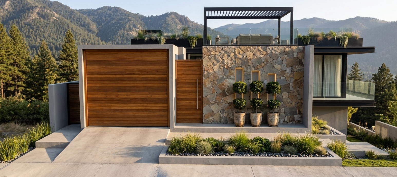 An incredibly lifelike, richly detailed, photorealistic front-elevation architectural shot of a contemporary multi-level mountain escape set in a serene alpine environment. The scene is illuminated by the warm, directional glow of late afternoon sunlight casting soft shadows, creating an inviting, tranquil, and luxurious atmosphere. Captured with a professional 35mm tilt-shift architectural lens, emphasizing the tactile richness of earthy *piedra laja* (natural flagstone), warm horizontal cedar paneling, smooth poured concrete, and sleek glass finishes. 

The ground level showcases a beautifully textured teak garage door and matching entrance door framed by crisp geometric borders, accented by an authentic natural flagstone wall featuring three illuminated vertical glass slits and sculpted topiary pots set within a lush, stepped garden bed of native ornamental grasses and river stones. Above, the fully visible second level opens up with expansive floor-to-ceiling glass sliding doors that lead onto cantilevered balconies guarded by seamless glass railings, while the third-level rooftop terrace is crowned with an elegant minimalist steel pergola, outdoor lounge seating, and overflowing perimeter planters—all harmoniously blending modern luxury with the majestic pine-covered mountain backdrop.