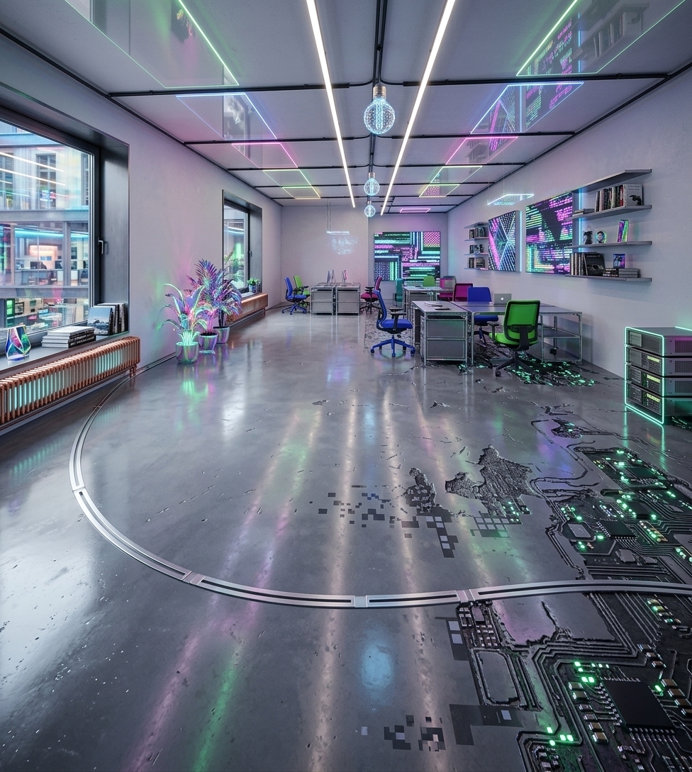 An incredibly lifelike, richly detailed, photorealistic wide-angle interior shot of a futuristic techno wonderland coworking space set in a vibrant creative innovation hub. The scene is illuminated by glowing neon ambient light strips, holographic accent fixtures, and soft daylight filtering through the large side windows, creating a dynamic, playful, and surreal atmosphere. Captured with a 24mm architectural lens, emphasizing glossy polished epoxy floors, sleek brushed aluminum frames, and translucent neon acrylic finishes. 

The elongated room is transformed into a high-energy collaborative environment featuring modular metal and molded plastic desks paired with vibrant, ergonomic task chairs. The long feature wall showcases dynamic, illuminated glitch-art wall pieces and curated photography books displayed on futuristic floating steel shelves. Eclectic surfaces of dichroic glass, brushed chrome, and reflective materials intermingle with techno-inspired decor and neon-lit indoor plants, delivering a deeply immersive, digitally driven, and ultra-modern creative workplace.