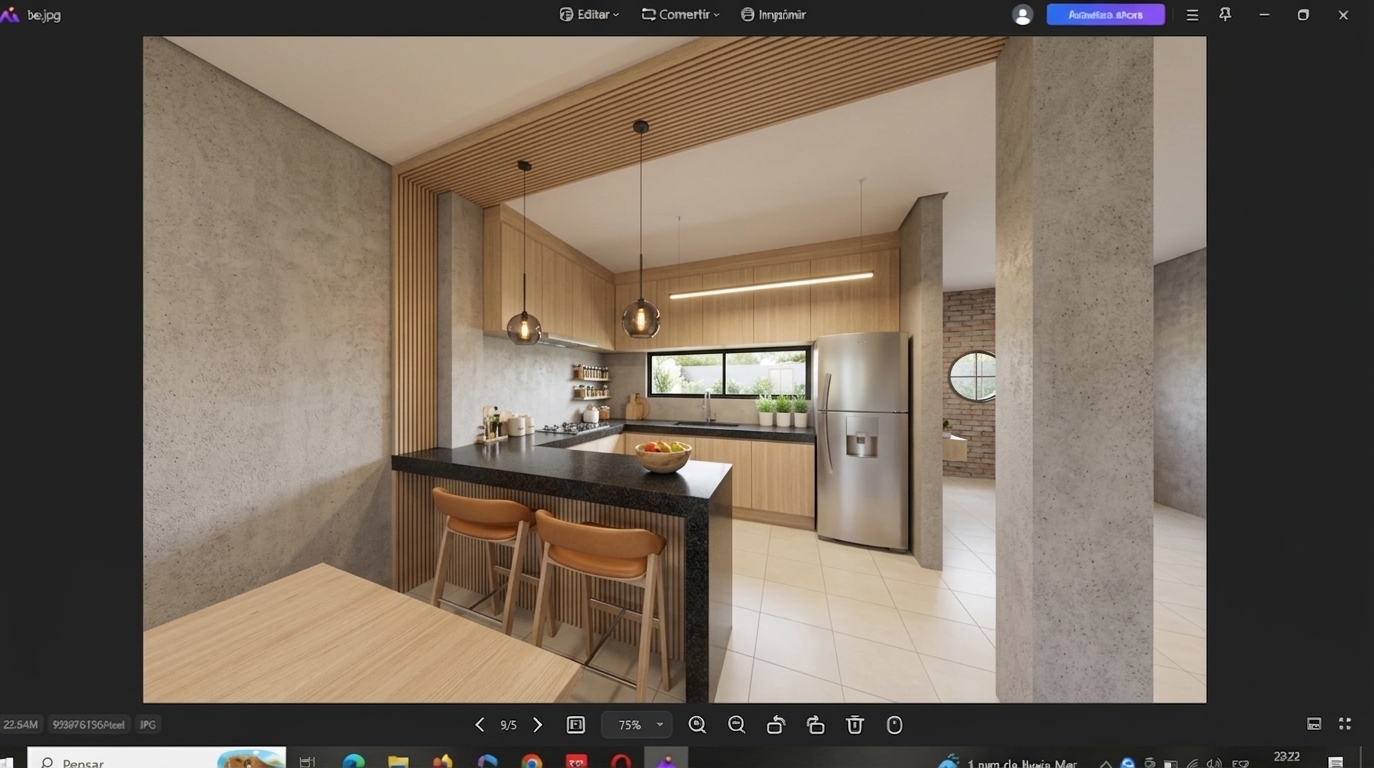 An incredibly lifelike, richly detailed, photorealistic wide-angle interior shot of a minimalist Scandinavian kitchen and dining space set in a tranquil modern home. The scene is illuminated by abundant, soft daylight cascading through a horizontal ribbon window paired with the warm, gentle glow of smoked-glass pendant lights, creating a bright, serene, and airy hygge atmosphere. Captured with a high-end architectural wide lens, emphasizing the tactile concrete-finished walls, natural light-oak fluted paneling, and the rich, polished texture of the deep charcoal granite breakfast bar. Ergonomic wooden counter stools with warm caramel cushions tuck neatly beneath the counter, while subtle botanical accents, matte ceramic kitchenware, and a pale wood dining table in the foreground anchor the space in organic, minimalist sophistication.