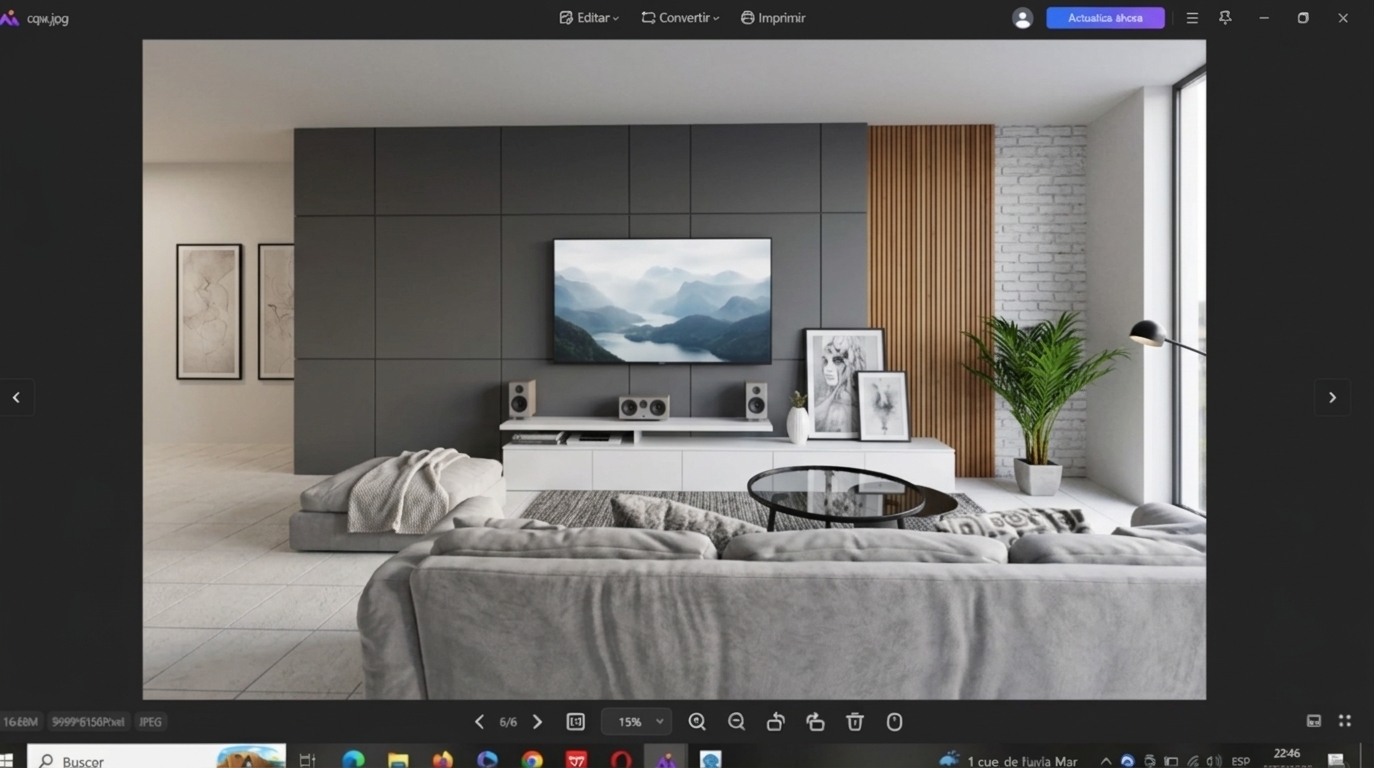 An incredibly lifelike, richly detailed, photorealistic wide-angle interior shot of a contemporary living room designed as a tranquil Scandinavian sanctuary set in a bright, airy urban home. The scene is illuminated by soft, natural daylight streaming through expansive side windows, creating a serene, peaceful, and hygge-inspired atmosphere. Captured with a full-frame camera and a 24mm architectural tilt-shift lens, emphasizing the tactile textures of plush gray upholstery, smooth matte cabinetry, and vertical oak wood slats. 

At the center, a bold matte-charcoal feature wall holds a sleek wall-mounted screen, harmoniously offset by a low-profile white console displaying curated framed art and minimalist ceramic accents. In the foreground, an inviting, deeply cushioned sofa draped with a soft throw blanket faces a round black-metal and glass coffee table atop a textured area rug. Vertical natural timber slats and a subtle whitewashed brick wall add organic warmth, while a potted potted palm infuses vibrant, refreshing greenery, perfectly tying together the refined palette of soft grays, warm wood tones, and crisp whites.