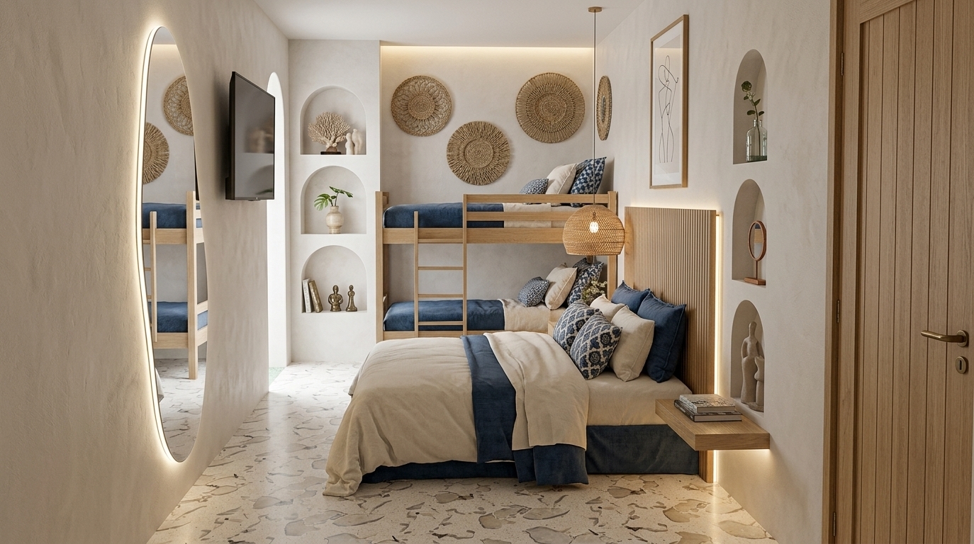 An incredibly lifelike, richly detailed, photorealistic wide-angle interior shot of a serene, Mediterranean-inspired digital zen bedroom set in a luxury coastal sanctuary. The scene is illuminated by soft, diffused daylight paired with the warm, gentle ambient glow of a woven rattan pendant and hidden LED strip lighting, creating a tranquil, harmonious, and deeply peaceful atmosphere. Captured with a professional full-frame camera using a 24mm tilt-shift architectural lens, emphasizing the tactile plaster walls, seamless light terrazzo flooring, and plush organic bedding layered in deep indigo and calming ivory. Elegant arched wall alcoves neatly display curated ceramic sculptures and coastal accents, perfectly balancing the natural light-oak tones of the bunk bed and the fluted wood headboard. On the left wall, the organically curved, illuminated full-length mirror offers crystal-clear, distortion-free reflections that enhance the room's airy depth, minimalist sophistication, and restful ambiance.