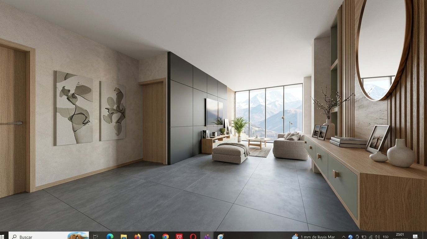 An incredibly lifelike, richly detailed, photorealistic wide-angle interior photograph of a modern Scandinavian-inspired living sanctuary and entryway set in a high-rise mountain retreat. The scene is illuminated by soft, diffused natural daylight pouring through expansive floor-to-ceiling panoramic windows, creating a serene, bright, and tranquil atmosphere. Captured with a professional full-frame camera and a 24mm architectural tilt-shift lens, emphasizing the tactile plaster textures, fine light-oak wood grains, matte charcoal paneling, and seamless large-format slate-gray floor tiles. On the left, minimalist nature-inspired wall art accents a textured pale wall beside a sleek dark media partition, while the right features a bespoke oak-and-sage floating console styled with photography books, delicate ceramic vases with organic branches, and vertical timber slats. Deep within the space, hygge-inspired plush textiles, a cozy ottoman, clean-lined wooden and metal furniture, and subtle potted greenery seamlessly lead the eye toward the majestic, snow-capped alpine vista beyond.