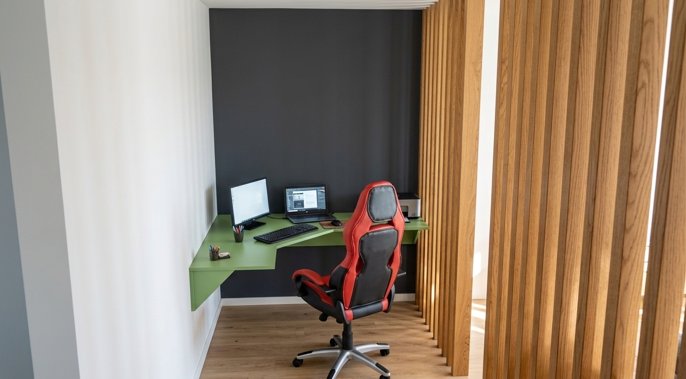 An incredibly lifelike, richly detailed, photorealistic eye-level medium shot of a modern teleworking study nook set in a contemporary home interior during a bright spring midday. The scene is illuminated by crisp, diffused natural light filtering between architectural elements, creating a fresh, productive, and serene atmosphere. Captured with a 35mm interior lens, emphasizing the warm grain of the vertical oak slatted room divider, the smooth matte surface of the custom corner floating desk in vibrant pistachio green, and the textured leatherette of the ergonomic red-and-black chair. The streamlined workstation features a crisp external monitor, an open laptop displaying workflow screens, a compact desk printer, and organized stationery, beautifully framed by a bold charcoal-gray accent wall and pristine white backdrop to define an efficient, modern-fusion workspace.
