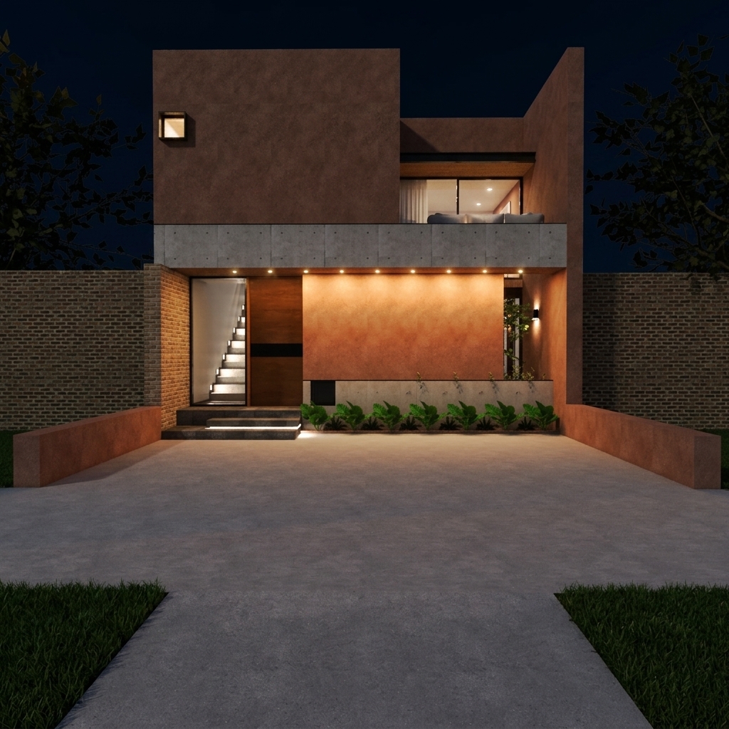 A crisp architectural photograph of the modern two-story residence on a clear summer night, captured straight-on with a 35mm tilt-shift lens. The terracotta stucco, concrete slabs, and brick boundary walls display authentic micro-textures, subtle surface unevenness, and natural material finishes. Architectural downlights cast realistic 2700K warm cascades across the facade, balanced against the deep dark night sky and soft interior illumination visible through the glass entrance and upper window. The smooth concrete driveway exhibits fine aggregate detail, gentle shadow gradients, and natural light falloff, rendered with sharp focus, subtle camera sensor grain in the shadows, and realistic summer night ambiance.