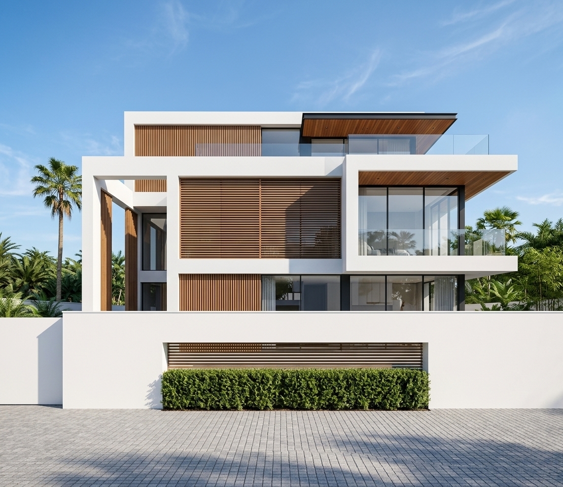 An incredibly lifelike, richly detailed, photorealistic eye-level architectural shot of a contemporary luxury villa infused with modern Japanese Zen aesthetics set in an upscale, tranquil residential environment. The scene is illuminated by crisp, radiant midday sunlight casting sharp, elegant geometric shadows across the facade, creating a serene, balanced, and harmonious atmosphere. Captured with a high-end medium-format camera and a 24mm tilt-shift lens, emphasizing the tactile grain of natural timber battens, ultra-smooth matte white plaster, and crystal-clear structural glass reflections.

The three-story architectural composition showcases a masterful play of stacked rectilinear volumes and cantilevered geometric planes. The pristine white stucco frame embraces warm, horizontally slatted cedar louvers that provide organic texture, privacy, and filtered natural light. A striking cantilevered timber block anchors the upper right quadrant, harmonizing with the recessed horizontal wood screens and warm timber soffits lining the underside of the broad overhanging terraces. 

At the building's core, an open-to-sky vertical atrium cutout allows a tall, slender palm tree to ascend gracefully through multiple levels, embodying biophilic design and a seamless connection between indoor living and nature. Large floor-to-ceiling panoramic glass windows with slim, matte-black powder-coated frames offer subtle, reflective glimpses of serene, uncluttered interiors characterized by natural tones, low profiles, and balanced simplicity. Minimalist glass balustrades line the second-floor terrace, enhancing the structure's light, airy, and floating presence.

In the foreground, a pristine white boundary wall spans the property line, detailed with a low, horizontal slatted recess that cradles a neatly manicured, vibrant green micro-hedge. The foreground street features finely textured gray interlocking paving stones bathed in clean daylight, leading the eye toward the immaculate facade. Above, a vivid cerulean sky with subtle, wispy cirrus clouds perfectly complements the crisp architectural lines, evoking the refined elegance of a premier architectural photography publication.
