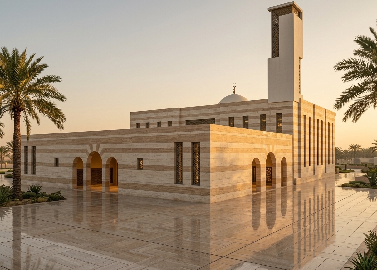 An incredibly lifelike, richly detailed, photorealistic wide-angle architectural shot of a contemporary spiritual pavilion and residence set in a sun-drenched desert bohemian oasis. The scene is illuminated by the soft, warm glow of late-afternoon golden-hour sunlight, creating a tranquil, serene, and majestic atmosphere. Captured with a professional full-frame camera and a 24mm tilt-shift lens, emphasizing the clean, monolithic light-colored finish of the tall geometric minaret, the alternating honey and cream travertine horizontal bands of the tiered structure, arched entryway portals, decorative mashrabiya screens, and mirror-like reflections across the expansive polished stone plaza flanked by lush palm trees.