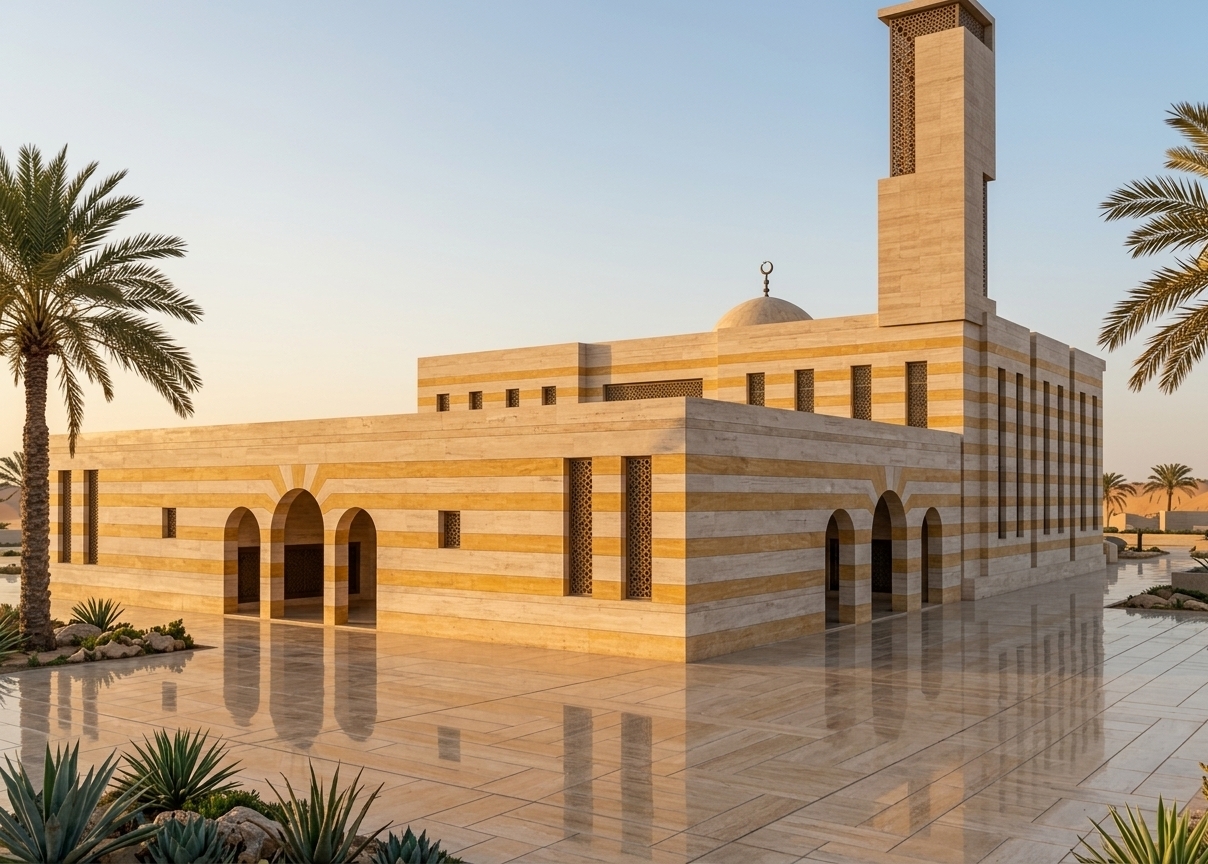 An incredibly lifelike, richly detailed, photorealistic wide-angle exterior architectural photo of a modern mosque complex set in a serene, palm-fringed desert oasis. The scene is illuminated by the soft, warm glow of golden-hour sunlight, creating a peaceful, contemplative, and luxurious atmosphere. Captured with a professional architectural tilt-shift lens, emphasizing the distinct natural striations and rich tactile textures of fine stone. 

Retaining its precise original geometry, the structure’s exterior walls are clad in alternating horizontal bands of smooth, honed beige Travertine marble paired with warm, vibrant yellow Travertine marble. The towering sculptural minaret, featuring its intricate mashrabiya lattice cutout, is elegantly finished entirely in the uniform beige Travertine marble, harmonizing with the subtle dome behind it. A mirror-like, polished Travertine plaza reflects the geometric facade and graceful arches, while framing date palms and curated low-lying desert foliage infuse a serene, bohemian oasis aesthetic into this modern sanctuary.