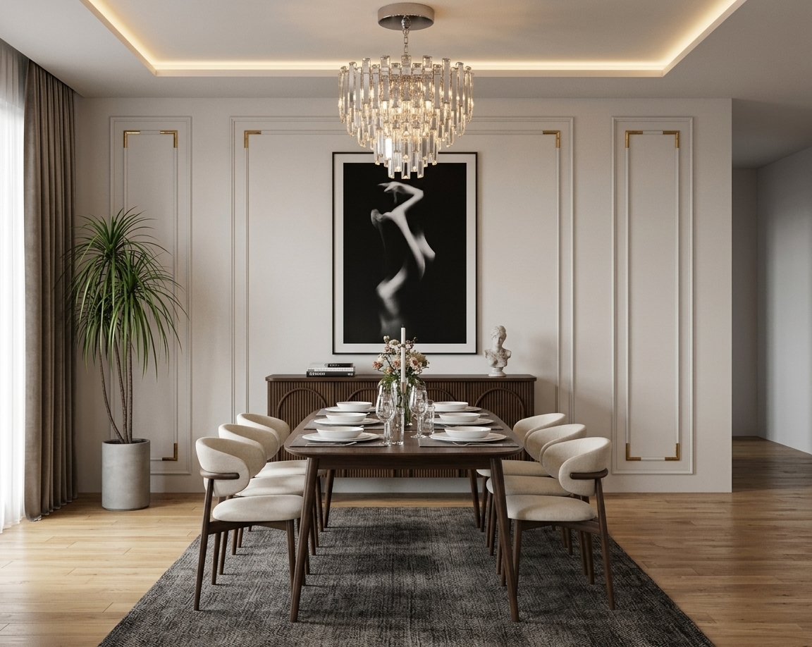 An incredibly lifelike, richly detailed, photorealistic eye-level wide shot of a modern fusion dining room set in a sophisticated urban penthouse. The scene is illuminated by the warm, shimmering glow of a multi-tiered crystal chandelier and soft cove ceiling lighting, balanced with diffused daylight filtering through rich taupe floor-to-ceiling drapes, creating an elegant and moody atmosphere. Captured with a professional 35mm architectural lens, emphasizing the tactile contrasts between polished wood grains, soft upholstery, and crystal glass reflections. 

At the center stands a sleek, dark walnut dining table meticulously arranged with crisp white porcelain dinnerware, sleek crystal glasses, and a delicate floral centerpiece. Surrounding the table, sculptural dining chairs featuring warm off-white fabric upholstery and slender dark wooden frames offer refined comfort atop a textured charcoal area rug. The backdrop showcases crisp, off-white walls adorned with classic geometric picture-frame mouldings framing a striking black-and-white photography art piece above a fluted dark wood credenza, which is styled with curated art books and a miniature classical bust. To the left, a tall, vibrant indoor plant in a minimalist concrete planter infuses a fresh touch of lush greenery into this clean, contemporary, and beautifully balanced space.