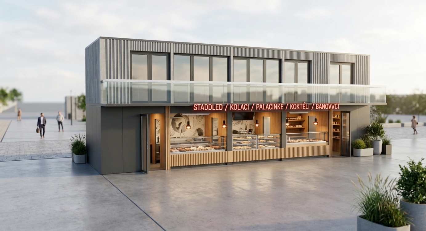 An incredibly lifelike, richly detailed, photorealistic three-quarter exterior shot of a contemporary two-story modular café and street-food pavilion set in a vibrant, design-forward urban plaza. The scene is illuminated by bright afternoon daylight complemented by the warm, atmospheric glow of warm pendant lamps, LED menu displays, and glowing red typography signage, creating a dynamic, welcoming, and sleek cosmopolitan atmosphere. Captured with a professional 35mm architectural tilt-shift lens, emphasizing the interplay between smooth charcoal-gray composite cladding, fluted natural wood counter bases, polished stainless steel trims, and crystalline glass balustrades along the upper mezzanine terrace. The open-concept ground level reveals meticulously organized service counters, gleaming dessert and pastry display cases, abstract monochrome wall art, and minimalist black industrial pendant fixtures, while subtle potted lush greenery and a polished concrete ground plane frame the structure, perfectly capturing a bold modern fusion aesthetic fit for an architectural monograph.