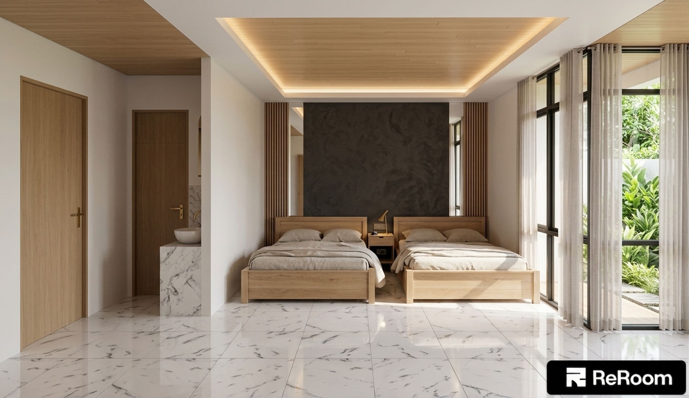 An incredibly lifelike, richly detailed, photorealistic wide-angle interior rendering of a modern digital zen bedroom set in a luxury summer retreat. The scene is illuminated by vibrant midday natural light diffusing softly through floor-to-ceiling windows alongside warm, concealed perimeter ceiling LED cove lighting, creating a tranquil, sophisticated, and rejuvenating atmosphere. Captured with a 24mm architectural wide-angle lens, emphasizing the glossy reflections on large-format veined white marble floor tiles, the smooth natural warmth of light oak wooden ceiling panels and twin platform bed frames, and the deep, tactile plaster finish of the dark charcoal feature wall flanked by vertical acoustic timber slats. Sheer, floor-length curtains gently frame the lush exterior greenery, delivering an uncluttered, high-end sanctuary that seamlessly merges futuristic smart design with minimalist, organic serenity.