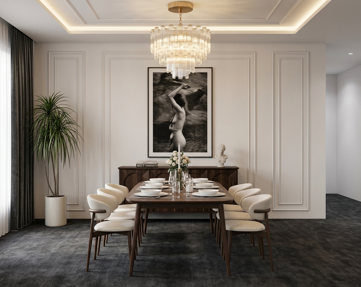 An incredibly lifelike, richly detailed, photorealistic wide-angle interior shot of a modern fusion dining room set in a sleek urban residence. The scene is illuminated by the sparkling ambient radiance of a multi-tiered fluted glass chandelier and soft, concealed cove lighting, creating an elegant, dramatic, and inviting atmosphere. Captured with a 35mm architectural lens, emphasizing the tactile contrast of smooth dark wood surfaces, crisp geometric wall molding, and fine textiles, the composition centers on an impeccably styled dining table dressed with modern white dinnerware and a delicate floral centerpiece. Contemporary cream-upholstered chairs flank the table over a plush charcoal rug, while a large, evocative black-and-white photograph hangs prominently above a dark wooden credenza decorated with a classical bust and photography books. To the side, a vibrant potted dracaena plant introduces a burst of lush greenery, perfectly balancing the room's sophisticated palette of deep blacks, soft whites, and refined metallic elements.