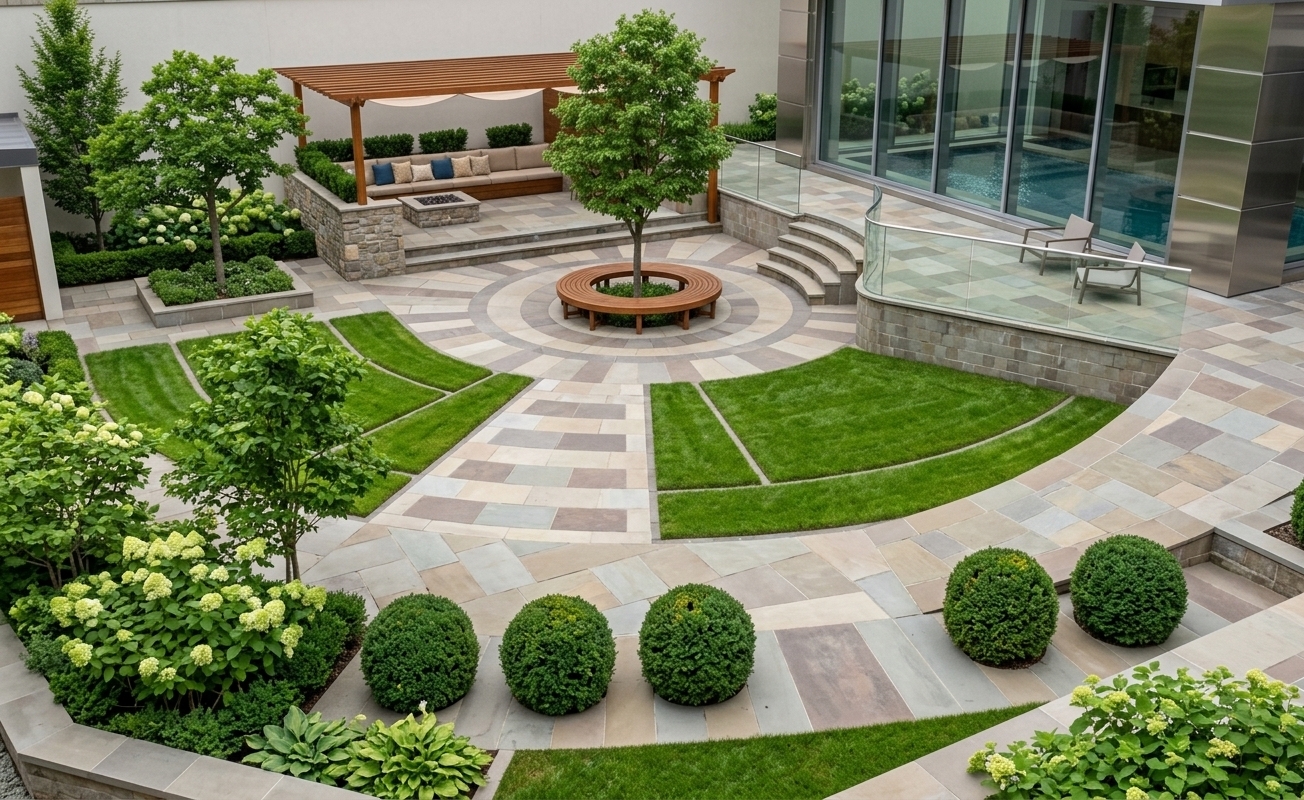 An incredibly lifelike, richly detailed, photorealistic high-angle landscape photo of a contemporary outdoor garden set in the private courtyard of a sleek modern residence. The scene is illuminated by soft, diffused daylight with gentle ambient shadows, creating a serene, digital zen atmosphere. Captured with a wide-angle architectural lens, emphasizing the crisp radial stone pavers, manicured emerald lawn sections, spherical boxwood topiaries, and a focal tree bordered by a smooth circular wooden bench. In the background, a warm timber pergola shelters an inviting lounge with a built-in stone fire pit, sitting adjacent to curved steps and full-height glass facade panels that overlook a tranquil, shimmering pool.