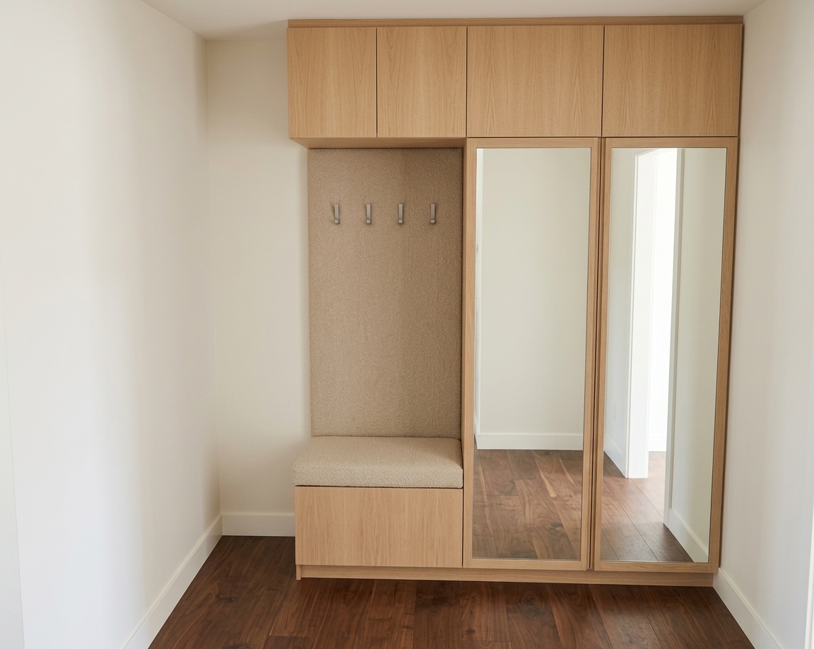 An incredibly lifelike, richly detailed, photorealistic eye-level architectural interior shot of a custom modern mudroom wardrobe set in a serene, contemporary minimalist haven. The scene is illuminated by soft, natural midday spring light cascading from an off-camera entryway, creating a bright, warm, and inviting atmosphere. Captured with a 35mm tilt-shift architectural lens, emphasizing the delicate grain of light natural oak, the soft weave of tailored fabric, and crisp mirror reflections. The built-in entryway unit features seamless top overhead storage cabinets in smooth, light-toned wood, seamlessly transitioning down to a dedicated seating nook and a two-door wardrobe. The low bench is fitted with a comfortable, high-density upholstered cushion in a neutral beige bouclé texture, paired with matching vertically upholstered soft acoustic back panels adorned with sleek, minimalist matte metal coat hooks. Beside the seating, the tall double cabinet doors feature pristine full-length mirrored panels that subtly reflect the airy room and the rich, dark hardwood flooring below, creating an impeccably balanced and functional hallway design.