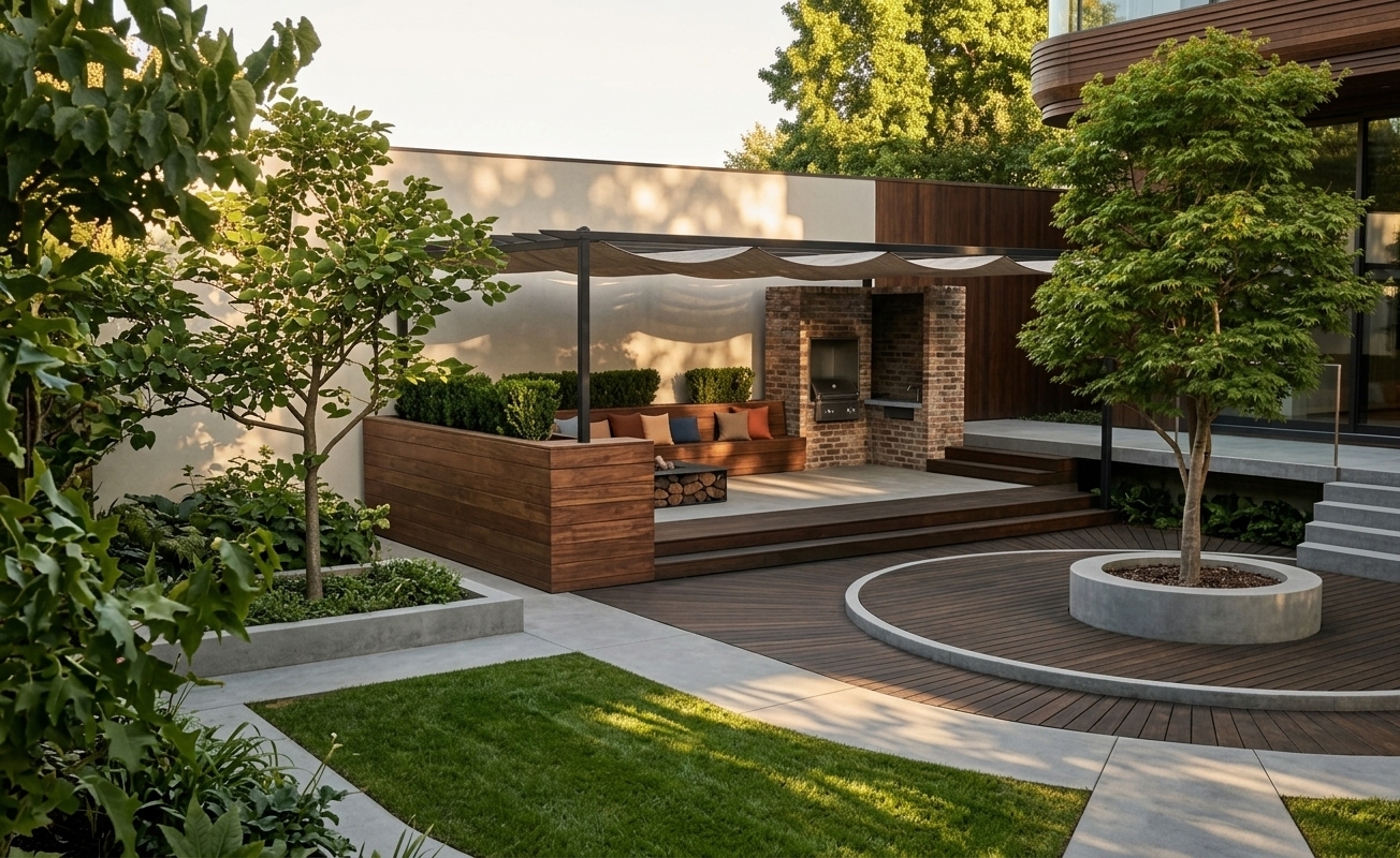 An incredibly lifelike, richly detailed, photorealistic wide-angle landscape photo of a mid-century modern outdoor garden and patio lounge set in a sophisticated backyard sanctuary. The scene is illuminated by the soft, warm golden glow of late afternoon sunlight casting gentle dappled shadows, creating an inviting, tranquil, and timeless atmosphere. Captured with a high-resolution 35mm lens, emphasizing the rich natural grain of linear teak and walnut wood decking, organic green foliage, and smooth concrete pavers. Beneath a sleek, dark-framed pergola with a wave-like fabric canopy, a cozy built-in bench is adorned with minimalist pillows in shades of warm earth tones, muted blues, and subtle burnt orange accents. Adjacent to an exposed brick outdoor cooking nook, geometric lawn designs and a circular sunken planter surrounding a slender tree harmonize retro functional aesthetics with clean, clutter-free modern design.