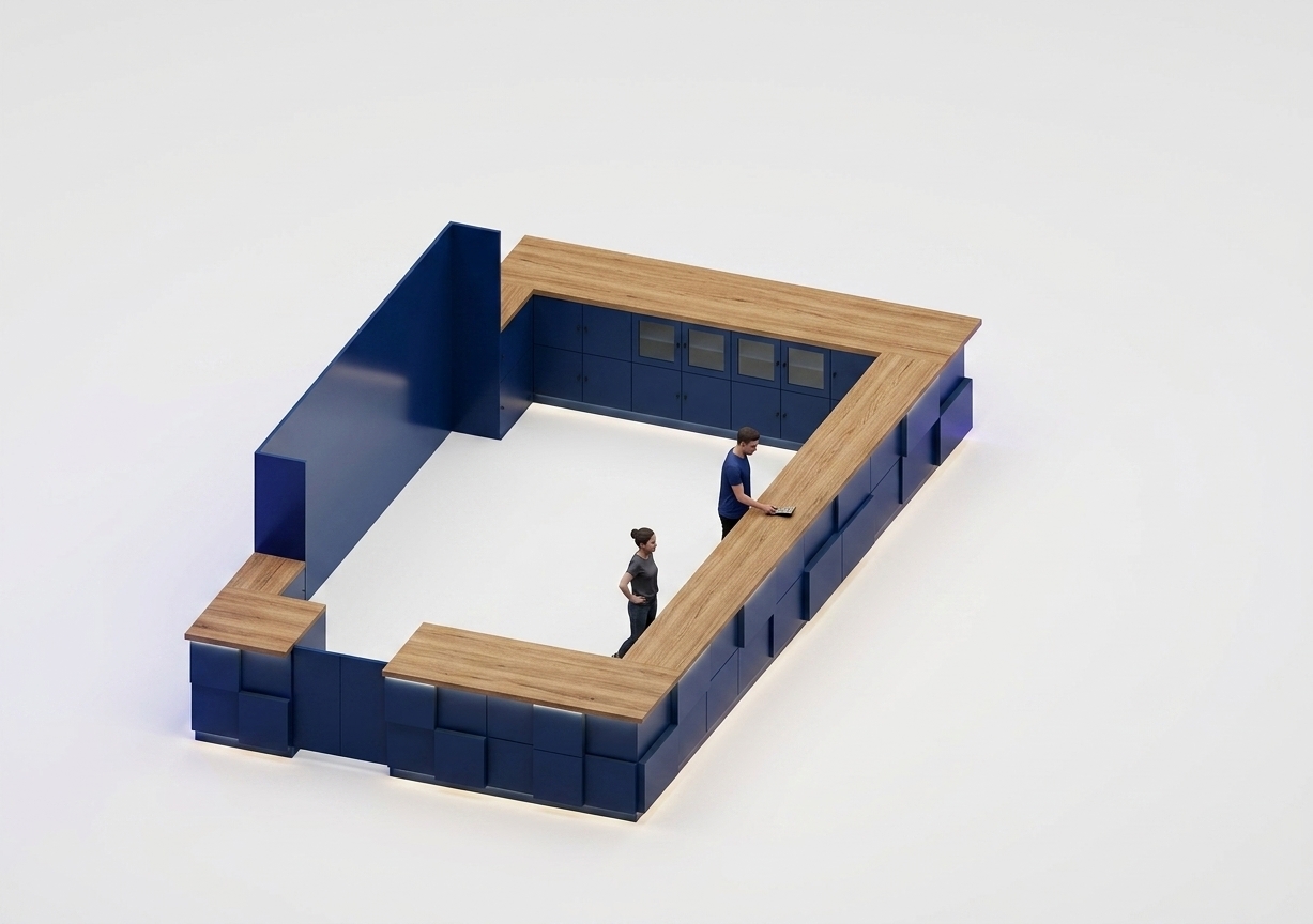An incredibly lifelike, richly detailed, photorealistic isometric shot of a contemporary reception counter set in a modern hotel lobby aesthetic isolated against a seamless, bright white background. The scene is illuminated by moody neon noir ambient glow paired with crisp, recessed downward LED strip lighting concealed beneath the counter ledges and floor plinths, creating a sleek, sophisticated atmosphere. Captured with a professional medium-format architectural lens, emphasizing the warm, textured grain of the horizontal natural oak work surfaces contrasted against the deep Roblox-blue geometric vertical side panels. Behind the counter, two young staff members dressed casually in modern fitted t-shirts and jeans move naturally within the workspace, framed by matching dark blue built-in storage cabinets that complete the polished, high-end hospitality setting.