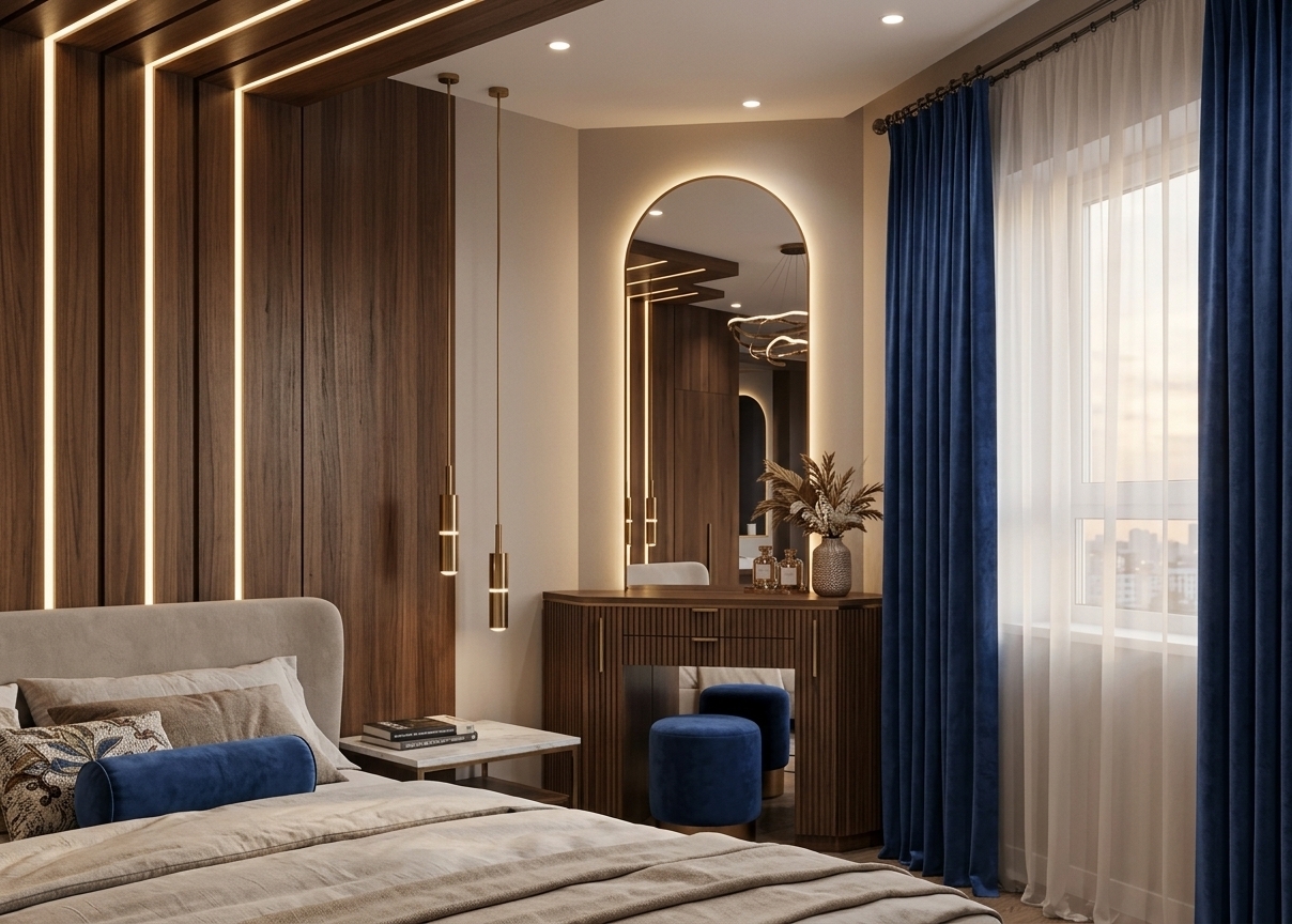 An incredibly lifelike, richly detailed, photorealistic interior eye-level shot of a sophisticated master bedroom suite set within a luxury high-rise residence blending modern refinement with French-inspired romantic warmth. The scene is illuminated by soft daylight diffusing through delicate sheer curtains paired with the warm, atmospheric glow of recessed ceiling spots, sleek brass pendant drop lights, an arched backlit vanity mirror, and vertical LED light ribbons inset into rich walnut wall paneling, creating an inviting, cozy, and romantic atmosphere. Captured with a professional wide-angle lens with subtle depth of field, emphasizing the tactile textures of the fluted dark wood, the plush nap of the cobalt blue velvet drapery and accent poufs, and the soft weave of the neutral bed linens. In the foreground, an elegantly appointed bed adorned with layered neutral textiles, patterned cushions, and a deep blue cylindrical bolster pillow rests beside a marble-topped nightstand display. The feature walnut slat wall seamlessly leads the eye toward a tailored corner vanity complete with a fluted wooden desk, refined decor accents, a sculptural dried floral arrangement, and an arched mirror reflecting the glowing interior, while sweeping floor-to-ceiling blue and sheer curtains frame the bright window overlooking a gentle cityscape.