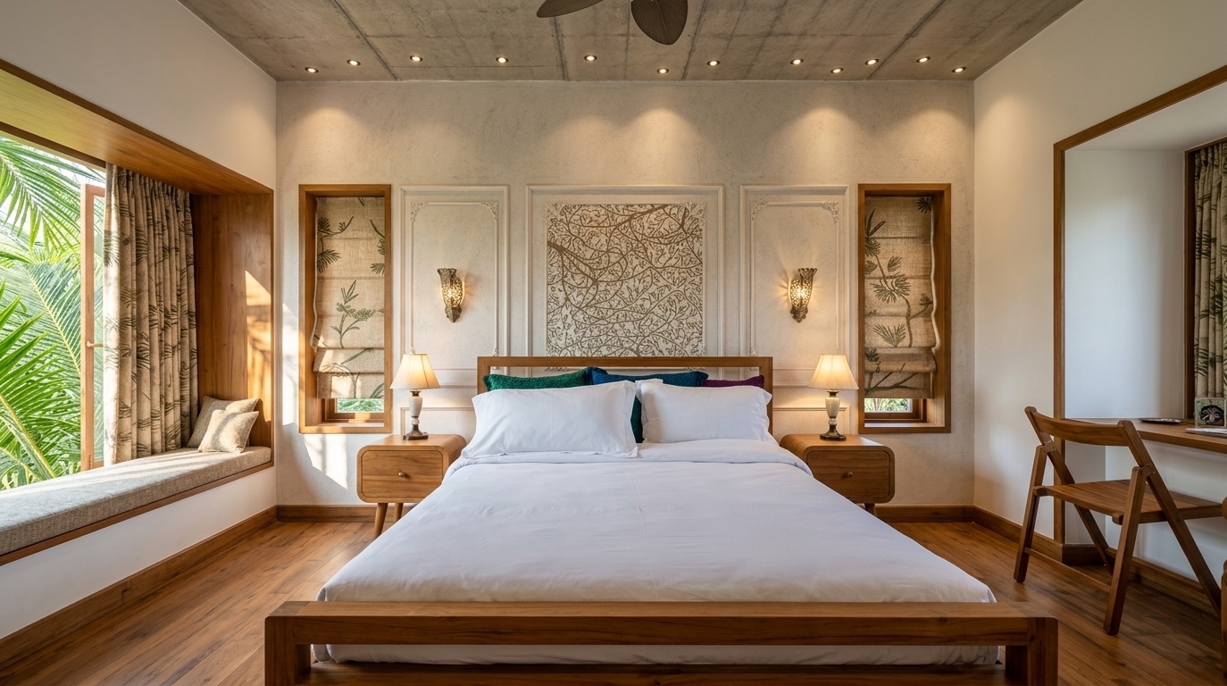 An incredibly lifelike, richly detailed, photorealistic wide-angle interior shot of a tranquil master bedroom set in a tropical sanctuary imbued with an exotic Moroccan mystique. The scene is illuminated by radiant midday sunlight pouring in through a large picture bay window, creating a warm, bright, and sensual atmosphere. Captured with a professional architectural camera and a 24mm tilt-shift lens, emphasizing the rich tactile contrasts between the raw brushed-concrete ceiling, warm teak wood grains, and woven fabrics. 

At the center stands a solid timber bed dressed in crisp, textured linens accented with deep jewel-toned cushions, flanked by smooth curved nightstands and classic shaded table lamps. The accent wall features elegant molding with botanical and ornate filigree motifs, framed by slender vertical windows with patterned Roman shades. On the left, a built-in upholstered window bench invites serene lounging with views of lush palm fronds, while a sleek wooden desk nook occupies the right, seamlessly blending refined modern design with vibrant, Middle Eastern-inspired warmth.