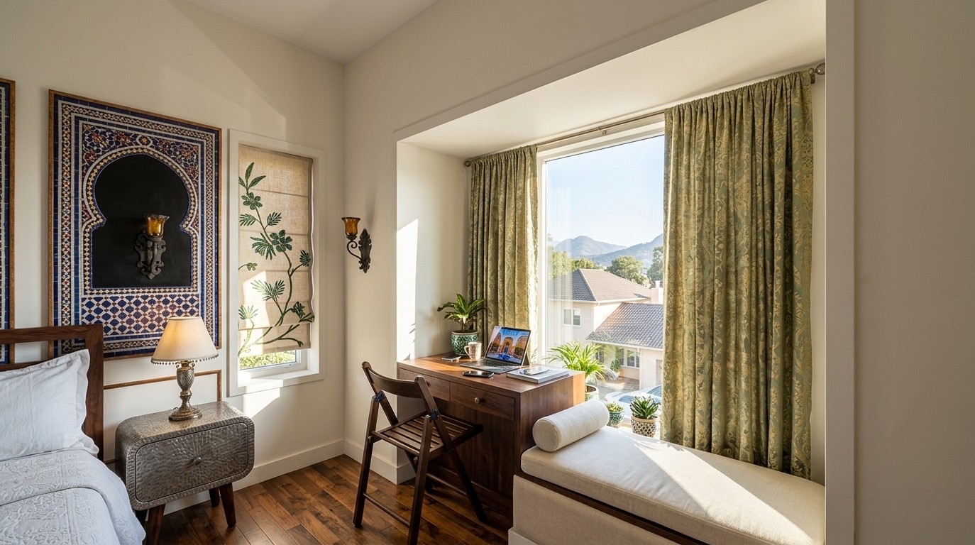 An incredibly lifelike, richly detailed, photorealistic interior shot of an exotic, Moroccan Mystique–inspired bedroom set in a tranquil retreat. The scene is illuminated by bright midday sunlight streaming through a large bay window, creating a warm, sensual, and vibrant atmosphere filled with intricate shadows and luminous highlights. Captured with a 24mm wide-angle lens, emphasizing rich tactile textures, ornate woodwork, and layered Middle Eastern motifs, the composition showcases a cozy window alcove featuring an integrated wooden study desk and a plush, cream-cushioned daybed framed by sage and gold floral drapes. To the left, carved wooden and metal accents furnish the bedside area beneath an ornate antique sconce and framed geometric wall art in rich shades of deep blues, reds, and warm golds. A photography book and modern work essentials rest on the textured timber desk, while lush indoor potted greenery and finely finished rustic wood flooring anchor the room's exotic, handcrafted elegance against the scenic outdoor backdrop.