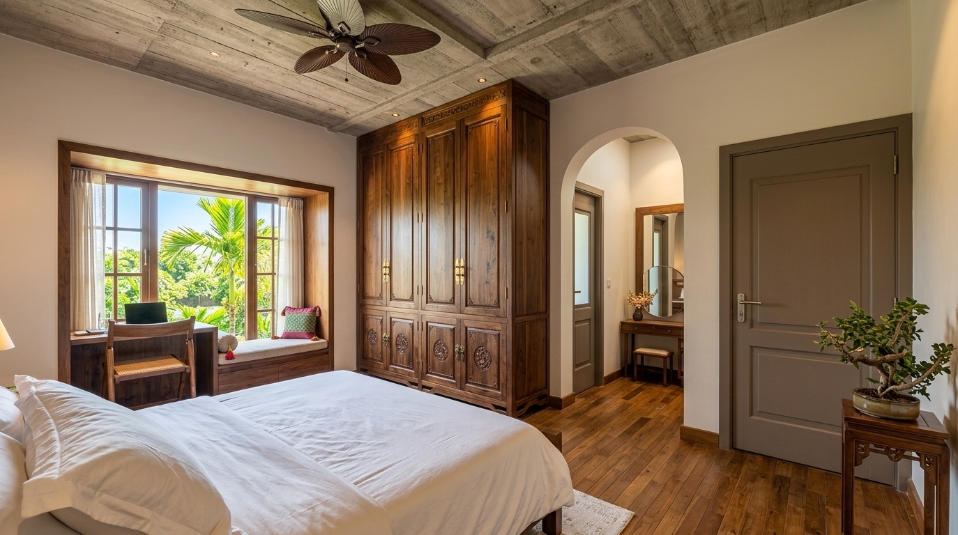 An incredibly lifelike, richly detailed, photorealistic wide-angle interior shot of a serene master bedroom suite infused with Moroccan mystique and modern craftsmanship set in a lush tropical retreat. The scene is illuminated by radiant midday sunlight pouring through the expansive bay window, creating a warm, sensual, and bright atmosphere. Captured with a professional 24mm architectural lens at eye level, emphasizing the exquisite grain and intricate relief patterns of the tall carved wooden wardrobes, the tactile surface of the raw board-formed concrete ceiling, and the soft textures of the crisp white linens with rich jewel-toned accents. An elegant arched doorway frames an intimate vanity dressing area in the background, while the generous window nook—complete with a built-in daybed and writing desk—seamlessly bridges the ornate interior with the vibrant greenery outside.