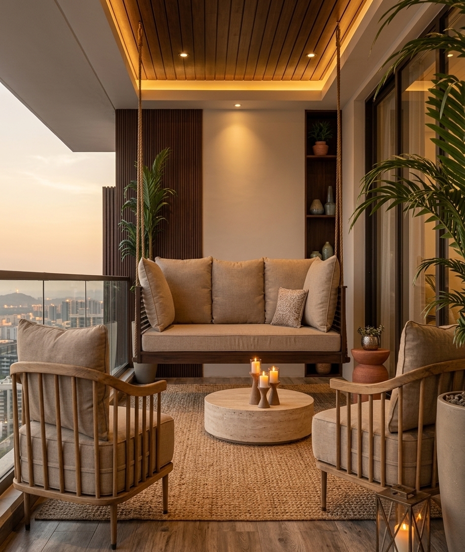 An incredibly lifelike, richly detailed, photorealistic wide-angle eye-level shot of a luxury high-rise outdoor patio lounge infused with Moroccan mystique, set against a softly blurred twilight cityscape. The scene is illuminated by enhanced warm recessed ceiling spotlights, golden cove under-lighting, and flickering decorative candles, creating an inviting, tranquil, and magically cozy atmosphere. Captured with a full-frame camera and a 35mm architectural lens, emphasizing the rich textures of warm beige linen upholstery, slatted deep brown timber paneling, polished PVC wood-look plank flooring, and a low, honed travertine coffee table. A suspended dark-wood daybed swing with plush cushions serves as the focal point, framed by two curved spindle-back lounge chairs, lush potted palms, and subtle Moroccan-inspired decorative accents bathed in an ambient, golden-hour glow.