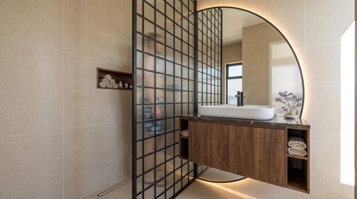 An incredibly lifelike, richly detailed, photorealistic eye-level interior shot of a contemporary coastal bathroom set in a modern beachside villa. The scene is illuminated by crisp midday natural light complemented by the soft, ambient glow of a large backlit circular vanity mirror, creating an airy, light, and relaxed atmosphere. Captured with a wide-angle 35mm lens, emphasizing the tactile textures of matte sandy-neutral wall tiles, fluted textured glass partitions, rich warm walnut shelving, and polished dark marble vanity countertops. The composition showcases a floating vanity with a minimalist white vessel sink, sleek matte black hardware, and an adjacent walk-in shower enclosure framed in slim black metal, offering a fresh, sun-kissed, and impeccably uncluttered retreat.