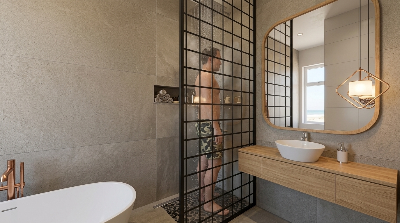 An incredibly lifelike, richly detailed, photorealistic interior eye-level shot of a modern coastal-inspired bathroom set in a luxurious beachfront villa. The scene is illuminated by soft midday ambient light complemented by a warm geometric pendant fixture, creating an airy, fresh, and sun-kissed relaxing atmosphere. Captured with a 24mm wide-angle architectural lens, emphasizing the tactile textures of matte sandy-gray wall panels, natural light oak cabinetry, and the crisp refraction of cascading water inside the glass walk-in shower. To the left, a smooth, organic freestanding bathtub features polished brushed copper fixtures, while the minimalist floating vanity on the right holds an elegant white vessel sink beneath a large, curved timber-framed mirror, completing an uncluttered, serene, and casually sophisticated coastal retreat.