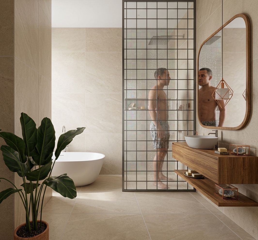 An incredibly lifelike, richly detailed, photorealistic wide interior shot of a modern spa-like bathroom set in a sun-drenched coastal retreat. The scene is illuminated by soft, natural midday light diffused across large-format sandy neutral tiles and complemented by the warm glow of a geometric pendant lamp, creating an airy, light, and relaxed atmosphere filled with a subtle coastal breeze feel. Captured with a 35mm full-frame architectural lens, emphasizing the rich grain of the floating oak vanity, the silky matte finish of the freestanding white bathtub, and the fine water spray caught behind the industrial grid-patterned glass shower partition. A vibrant, deep-green potted plant grounds the foreground, while the uncluttered floating counter, curved timber-framed mirror, and copper accents complete this fresh, sun-kissed, and effortlessly inviting sanctuary.