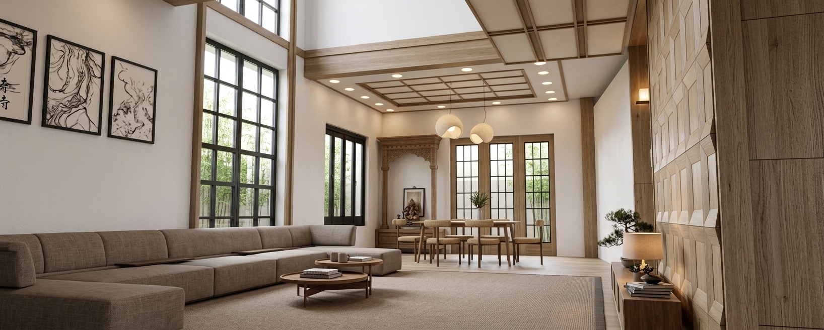 An incredibly lifelike, richly detailed, photorealistic wide-angle interior shot of a Japanese Zen-inspired living and dining room set in an expansive, double-height luxury home. The scene is illuminated by soft, diffused morning daylight pouring through towering black-framed grid windows and gentle warm recessed ceiling fixtures, creating a tranquil, uncluttered, and deeply calm atmosphere. Captured with a 24mm tilt-shift lens, emphasizing rich natural wood grains, tactile woven linen upholstery, and raw wabi-sabi textures. The spacious interior features a low-profile taupe modular sofa arranged around minimalist wooden coffee tables styled with curated photography books and ceramic stoneware. Japanese calligraphy and ink-wash wall art grace the crisp white walls, while a geometric light wood accent wall anchors a low console with a delicate indoor bonsai and soft ambient lighting. In the background, organic sculptural pendant lights hang above an understated wooden dining set, framed by expansive glass doors opening toward lush green bamboo garden foliage, perfectly balancing a palette of warm neutrals, refined blacks, and natural earthy tones.