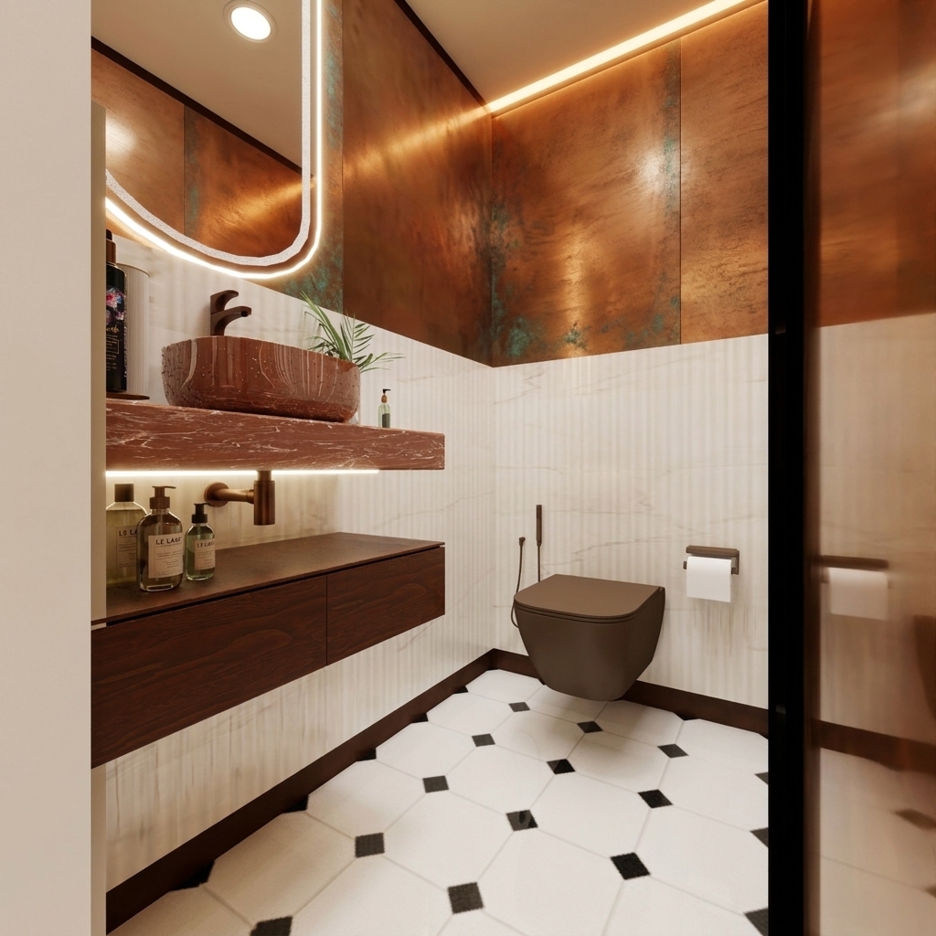 A photorealistic architectural photograph capturing the bathroom bathed in enhanced warm lighting and rich beige and brown tones, preserving the exact layout and perspective. Soft, glowing ambient light radiates from the backlit mirror and ceiling cove, highlighting the natural veining of the reddish-brown marble basin, the authentic wood grain of the floating vanity, and the smooth matte texture of the chocolate-brown toilet. Subtle specular highlights reflect off the fluted beige wall panels and geometric floor tiles, rendered with realistic depth of field, soft contact shadows, and fine photographic grain.