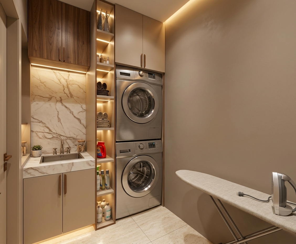 An incredibly lifelike, richly detailed, photorealistic interior photo of a mid-century modern mudroom and laundry space set in a warm, contemporary home. The scene is illuminated by enhanced, warm-toned concealed LED backlighting and soft golden cove illumination, creating an inviting, cozy, and serene atmosphere. Captured with a professional 24mm wide-angle lens, emphasizing the rich textures of warm walnut wood accents, smooth beige and taupe cabinetry, creamy travertine flooring, and polished marble backsplashes with subtle brown veining. Stacked front-load appliances fit seamlessly into custom millwork alongside illuminated vertical cubbies, perfectly balancing functional utility with timeless mid-century elegance.