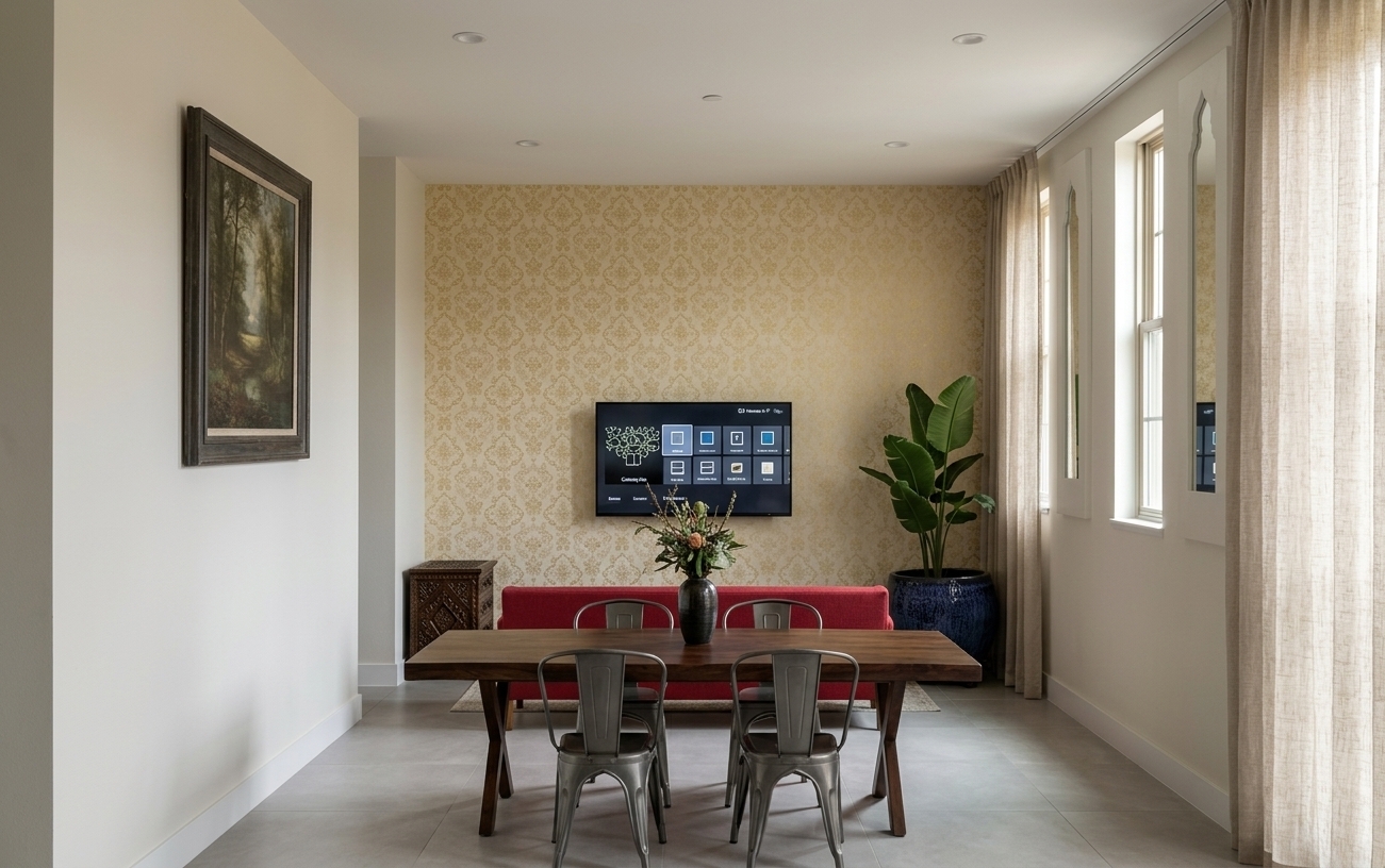An incredibly lifelike, richly detailed, photorealistic eye-level interior shot of an open-concept dining and living space set in an eclectic Scandinavian sanctuary. The scene is illuminated by soft, natural daylight filtering through sheer floor-to-ceiling linen drapes on the right, creating a warm, tranquil, and airy atmosphere. Captured with a 35mm architectural wide-angle lens at f/4, emphasizing the organic grain of the dark solid wood dining table, the industrial sheen of the matte gunmetal dining chairs, and the delicate texture of the gold damask accent wallpaper. In the background, a vibrant crimson-upholstered settee sits beneath a sleek wall-mounted television, accented by a dark ceramic floral centerpiece and a lush broadleaf plant in a textured indigo pot. Smooth, large-format matte floor tiles gently catch the daylight, seamlessly tying together the framed landscape oil painting on the left wall with the serene, balanced interior layout.