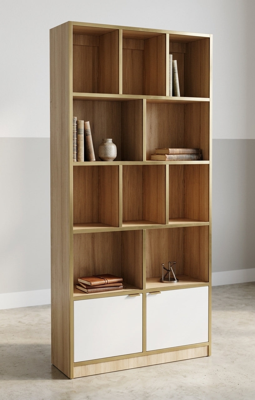A photograph of the tall study bookcase captured with exact geometry, perspective, and partitioned compartments intact. The unit is crafted from realistic light oak wood laminate with subtle grain patterns and matte finish, paired with clean satin-white lower cabinet panels and defined edge trimming. Natural diffused daylight enters from the side, casting soft, physically accurate shadows inside the storage cubbies. Shot on a 50mm lens with balanced studio lighting, crisp focus, neutral color tones, and delicate surface micro-textures.