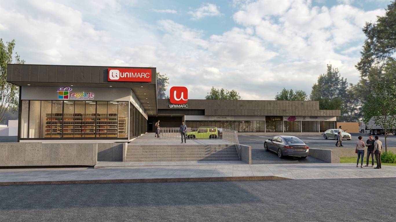 A sharp architectural photograph of the commercial strip mall under natural daylight, precisely maintaining the established composition, structural layout, and perspective. The scene features authentic surface textures, including fine-grained asphalt, realistically weathered poured concrete on the steps and retaining walls, and true-to-life reflections on the glass storefronts revealing the depth of the lit interior aisles. Glossy clearcoat on the parked vehicles catches the ambient sky lighting, while the dark exterior facade shows realistic matte cladding textures. Soft, directional sunlight casts gentle shadows across the walkway and parking area, complemented by natural background foliage, accurate material physics, and subtle photographic lens characteristics like faint vignetting and organic film grain.